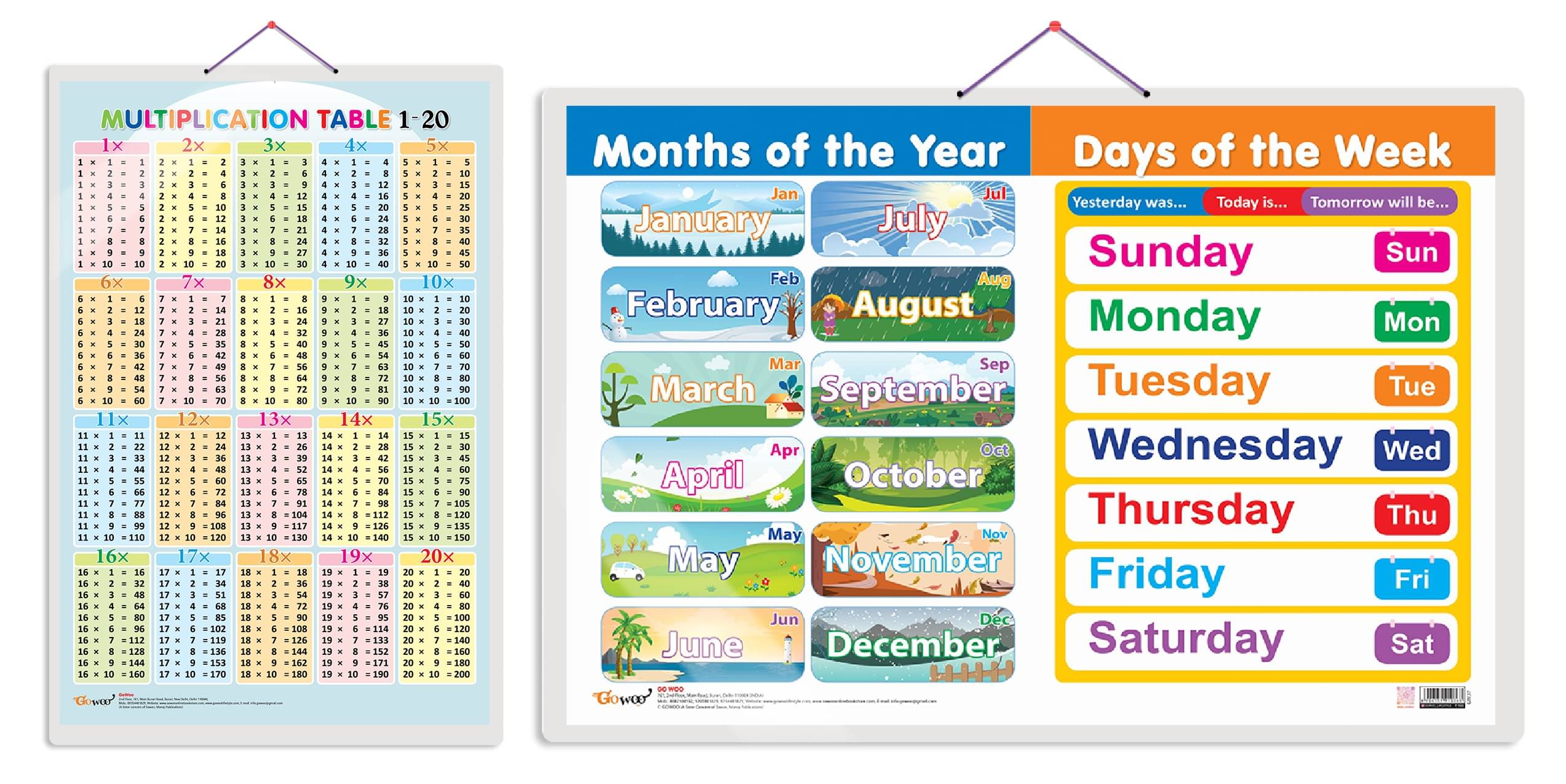 Set of 2 Multiplication Table 1-20 and MONTHS OF THE YEAR AND DAYS OF THE WEEK Early Learning Educational Charts for Kids | 20"X30" inch |Non-Tearable and Waterproof | Double Sided Laminated | Perfect for Homeschooling, Kindergarten and Nursery Students Set of 2 Multiplication Table 1-20 and MONTHS OF THE YEAR AND DAYS OF THE WEEK Early Learning Educational Charts for Kids | 20"X30" inch |Non-Tearable and Waterproof | Double Sided Laminated | Perfect for Homeschooling, Kindergarten and Nursery Students