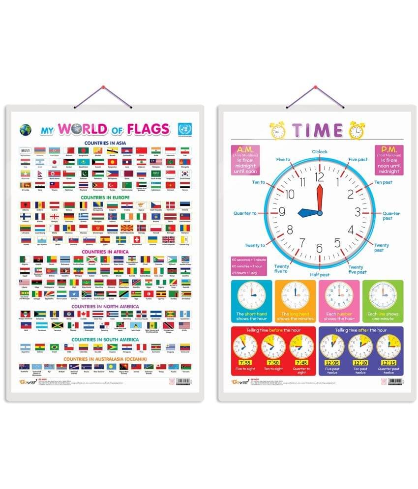 Set of 2 My World of Flags and TIME Early Learning Educational Charts for Kids | 20"X30" inch |Non-Tearable and Waterproof | Double Sided Laminated | Perfect for Homeschooling, Kindergarten and Nursery Students Set of 2 My World of Flags and TIME Early Learning Educational Charts for Kids | 20"X30" inch |Non-Tearable and Waterproof | Double Sided Laminated | Perfect for Homeschooling, Kindergarten and Nursery Students