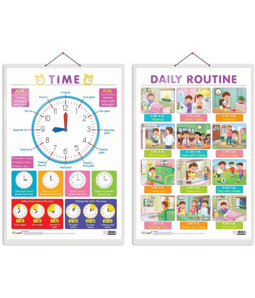 Set of 2 TIME and DAILY ROUTINE Early Learning Educational Charts for Kids | 20"X30" inch |Non-Tearable and Waterproof | Double Sided Laminated | Perfect for Homeschooling, Kindergarten and Nursery Students Set of 2 TIME and DAILY ROUTINE Early Learning Educational Charts for Kids | 20"X30" inch |Non-Tearable and Waterproof | Double Sided Laminated | Perfect for Homeschooling, Kindergarten and Nursery Students