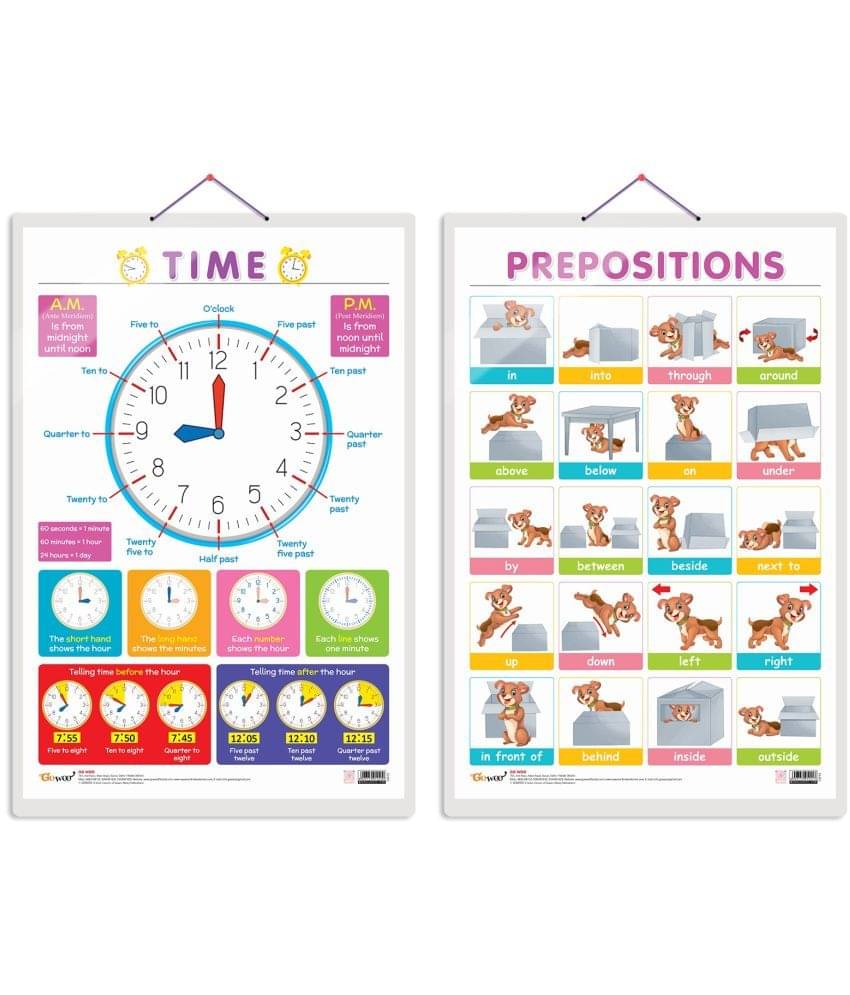 Set of 2 TIME and PREPOSITIONS Early Learning Educational Charts for Kids | 20"X30" inch |Non-Tearable and Waterproof | Double Sided Laminated | Perfect for Homeschooling, Kindergarten and Nursery Students Set of 2 TIME and PREPOSITIONS Early Learning Educational Charts for Kids | 20"X30" inch |Non-Tearable and Waterproof | Double Sided Laminated | Perfect for Homeschooling, Kindergarten and Nursery Students