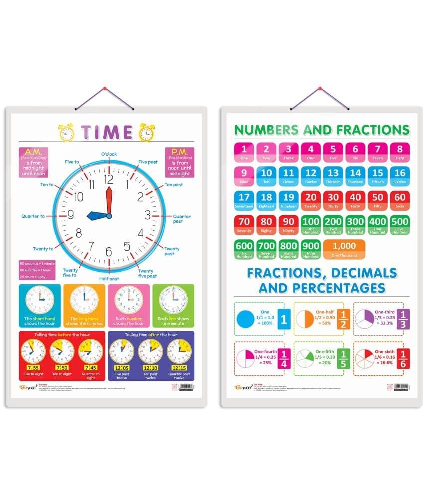 Set of 2 TIME and NUMBERS AND FRACTIONS Early Learning Educational Charts for Kids Set of 2 TIME and NUMBERS AND FRACTIONS Early Learning Educational Charts for Kids