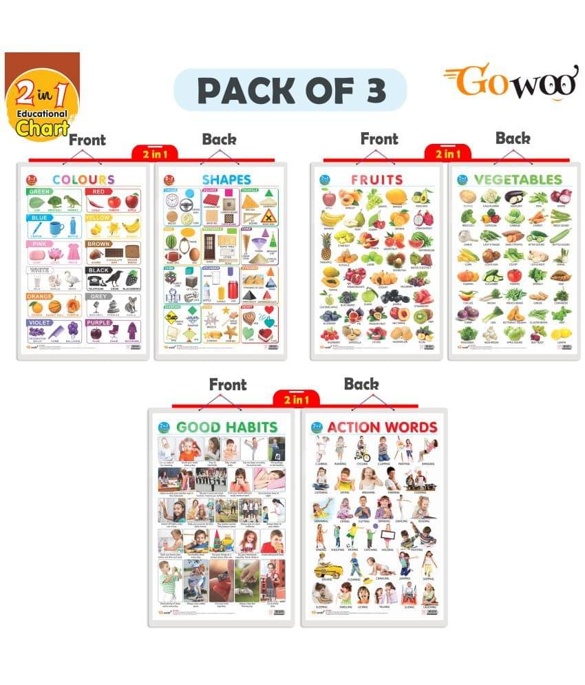 Set of 3 | 2 IN 1 COLOURS AND SHAPES, 2 IN 1 FRUITS AND VEGETABLES and 2 IN 1 GOOD HABITS AND ACTION WORDS Early Learning Educational Charts for Kids Set of 3 | 2 IN 1 COLOURS AND SHAPES, 2 IN 1 FRUITS AND VEGETABLES and 2 IN 1 GOOD HABITS AND ACTION WORDS Early Learning Educational Charts for Kids
