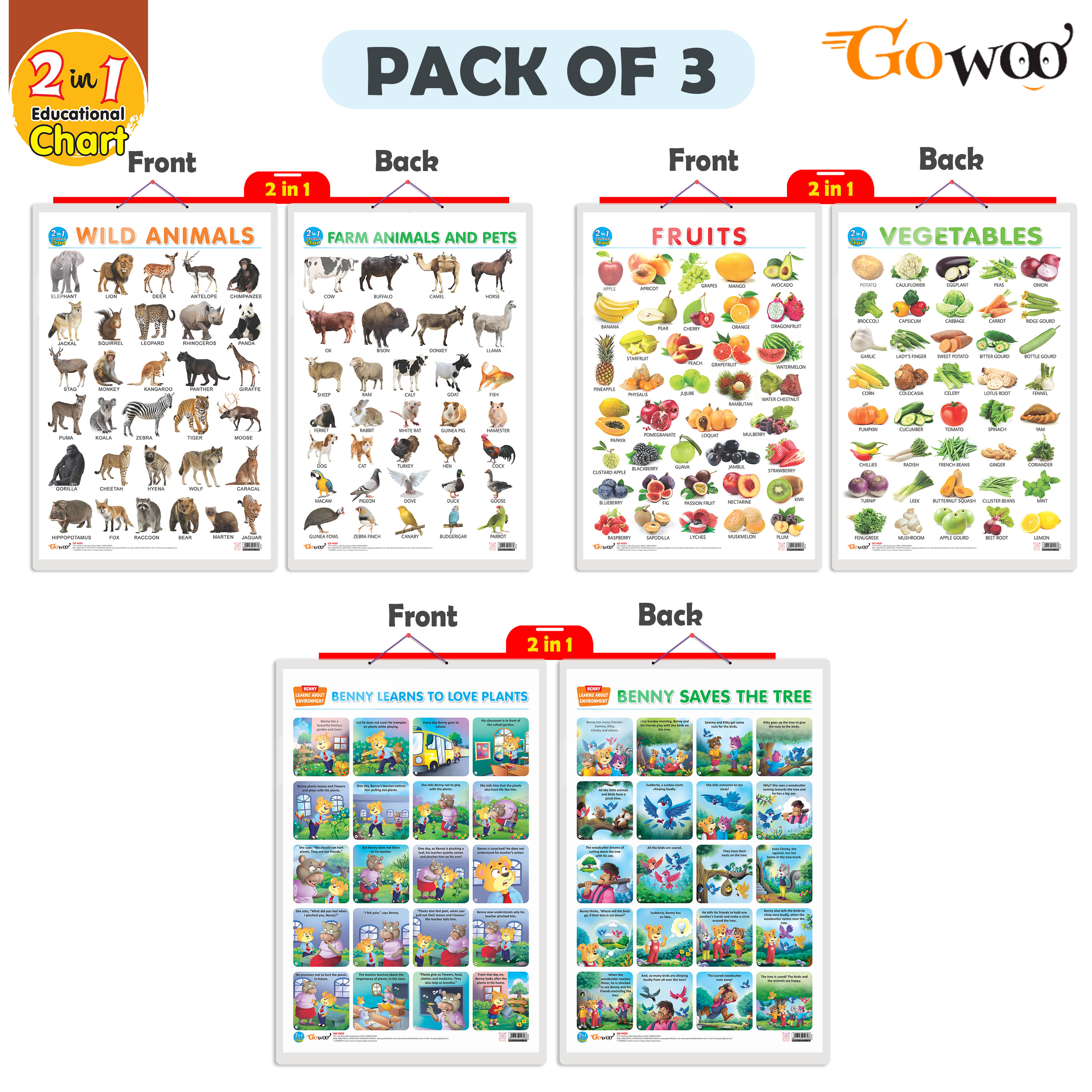 Set of 3 |2 IN 1 FRUITS AND VEGETABLES, 2 IN 1 WILD AND FARM ANIMALS & PETS and 2 IN 1 BENNY LEARNS TO LOVE PLANTS AND BENNY SAVES THE TREE Early Learning Educational Charts for Kids Set of 3 |2 IN 1 FRUITS AND VEGETABLES, 2 IN 1 WILD AND FARM ANIMALS & PETS and 2 IN 1 BENNY LEARNS TO LOVE PLANTS AND BENNY SAVES THE TREE Early Learning Educational Charts for Kids