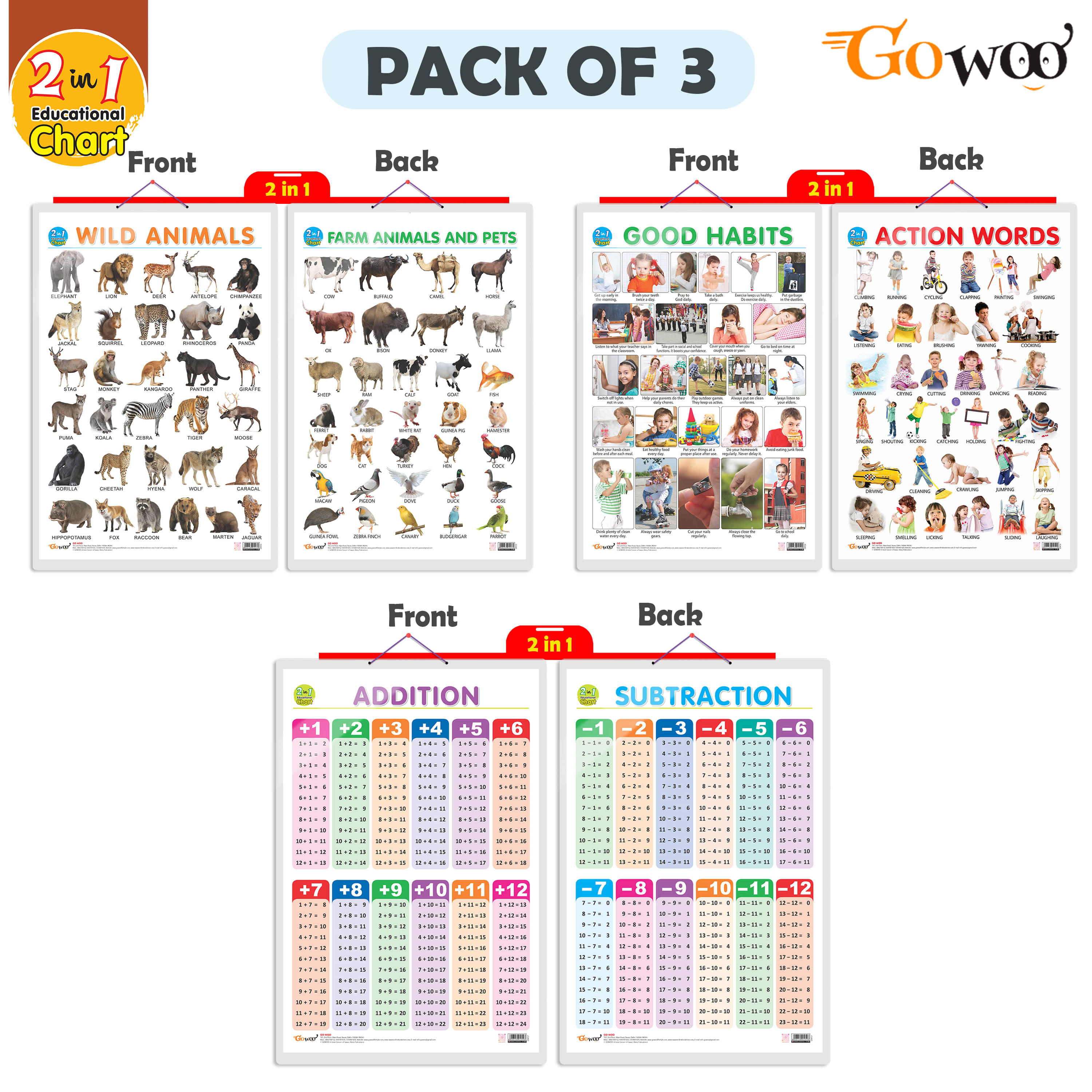 Set of 3 |2 IN 1 WILD AND FARM ANIMALS & PETS, 2 IN 1 GOOD HABITS AND ACTION WORDS and 2 IN 1 ADDITION AND SUBTRACTION Early Learning Educational Charts for Kids Set of 3 |2 IN 1 WILD AND FARM ANIMALS & PETS, 2 IN 1 GOOD HABITS AND ACTION WORDS and 2 IN 1 ADDITION AND SUBTRACTION Early Learning Educational Charts for Kids