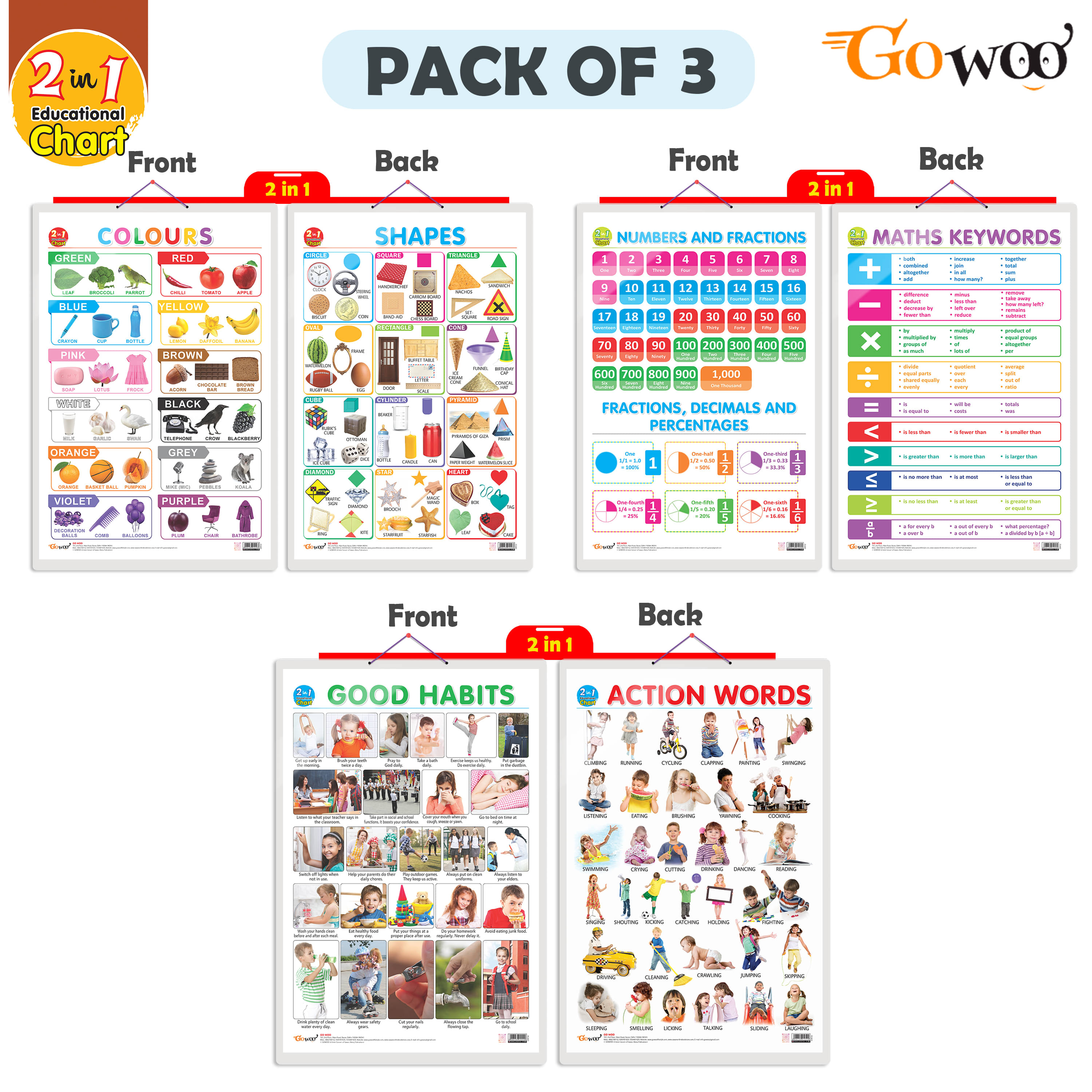 Set of 3 | 2 IN 1 NUMBER & FRACTIONS AND MATHS KEYWORDS, 2 IN 1 COLOURS AND SHAPES and 2 IN 1 GOOD HABITS AND ACTION WORDS Early Learning Educational Charts for Kids Set of 3 | 2 IN 1 NUMBER & FRACTIONS AND MATHS KEYWORDS, 2 IN 1 COLOURS AND SHAPES and 2 IN 1 GOOD HABITS AND ACTION WORDS Early Learning Educational Charts for Kids