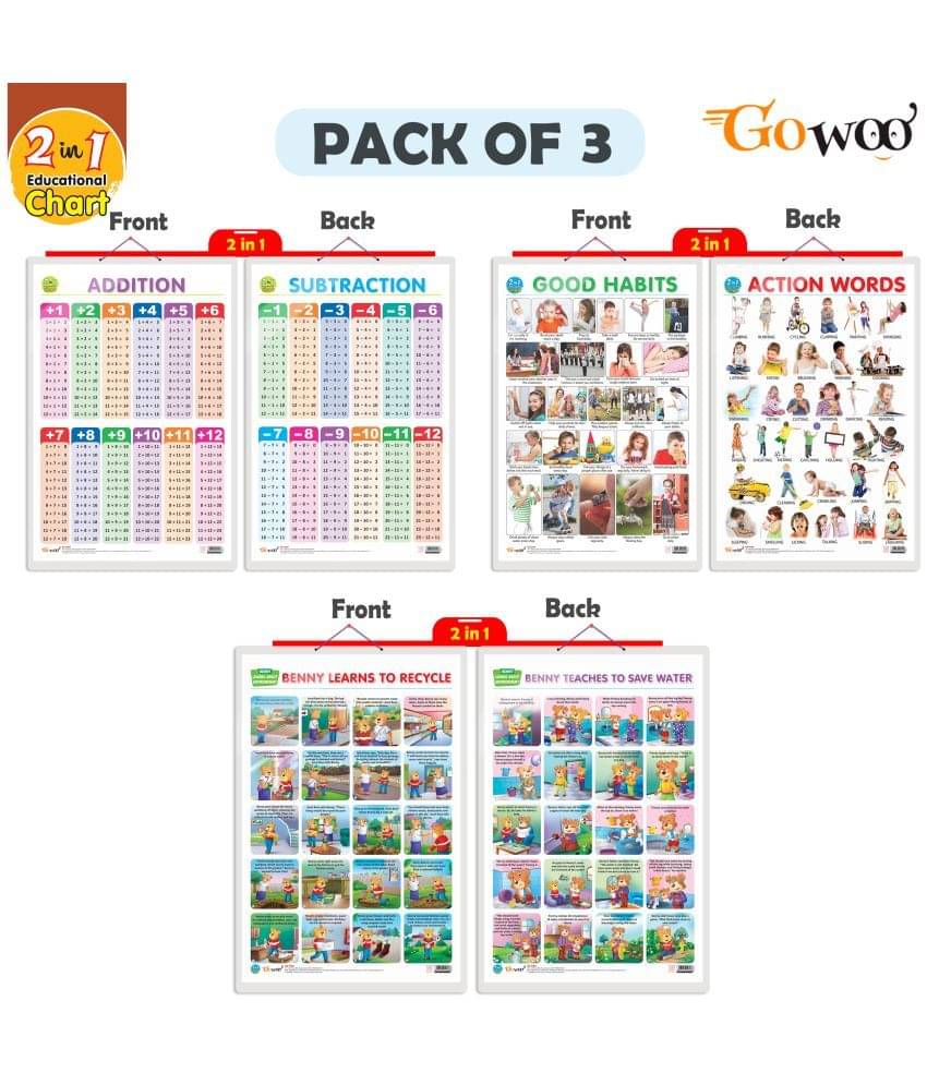 Set of 3 |2 IN 1 GOOD HABITS AND ACTION WORDS, 2 IN 1 ADDITION AND SUBTRACTION and 2 IN 1 BENNY LEARNS TO RECYCLE AND BENNY TEACHES TO SAVE WATER Early Learning Educational Charts for Kids Set of 3 |2 IN 1 GOOD HABITS AND ACTION WORDS, 2 IN 1 ADDITION AND SUBTRACTION and 2 IN 1 BENNY LEARNS TO RECYCLE AND BENNY TEACHES TO SAVE WATER Early Learning Educational Charts for Kids