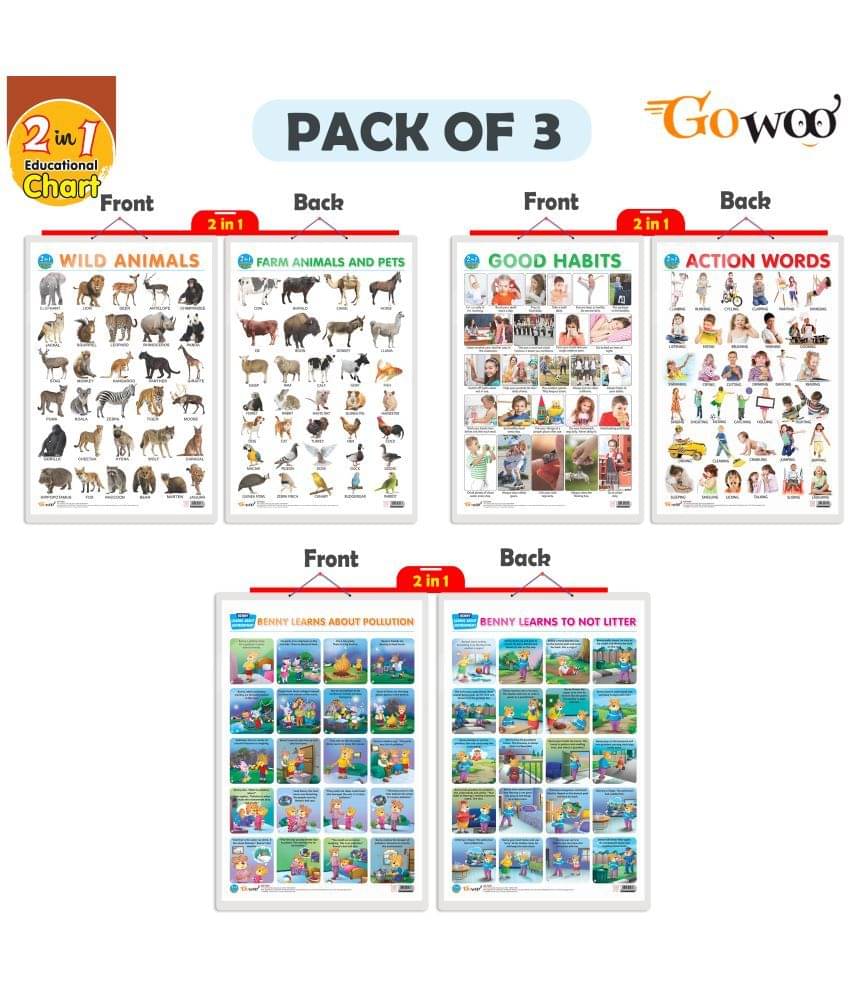     			Set of 3 |2 IN 1 WILD AND FARM ANIMALS & PETS, 2 IN 1 GOOD HABITS AND ACTION WORDS and 2 IN 1 BENNY LEARNS ABOUT POLLUTION AND BENNY LEARNS NOT TO LITTER Early Learning Educational Charts for Kids