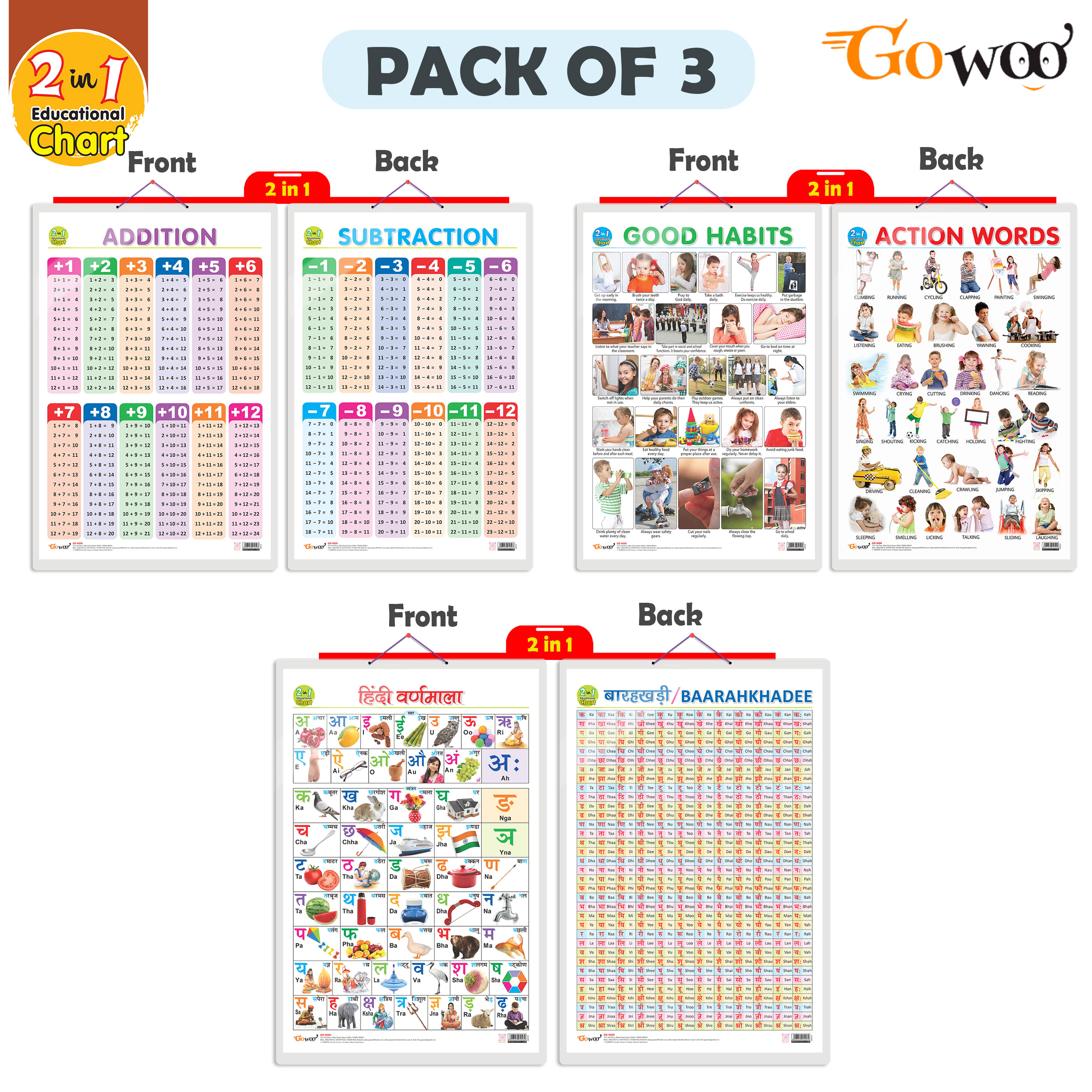 Set of 3 |2 IN 1 GOOD HABITS AND ACTION WORDS, 2 IN 1 ADDITION AND SUBTRACTION and 2 IN 1 HINDI VARNMALA AND BAARAHKHADEE Early Learning Educational Charts for Kids Set of 3 |2 IN 1 GOOD HABITS AND ACTION WORDS, 2 IN 1 ADDITION AND SUBTRACTION and 2 IN 1 HINDI VARNMALA AND BAARAHKHADEE Early Learning Educational Charts for Kids
