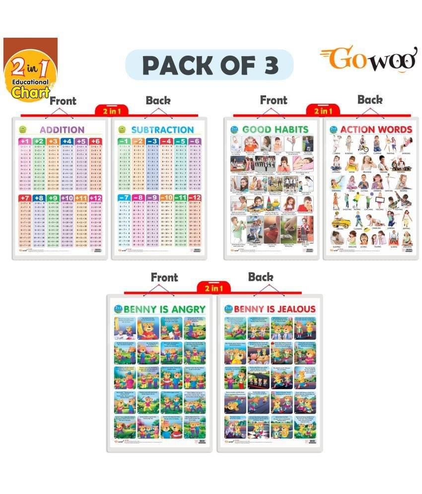 Set of 3 |2 IN 1 GOOD HABITS AND ACTION WORDS, 2 IN 1 ADDITION AND SUBTRACTION and 2 IN 1 BENNY IS ANGRY AND BENNY IS JEALOUS Early Learning Educational Charts for Kids Set of 3 |2 IN 1 GOOD HABITS AND ACTION WORDS, 2 IN 1 ADDITION AND SUBTRACTION and 2 IN 1 BENNY IS ANGRY AND BENNY IS JEALOUS Early Learning Educational Charts for Kids