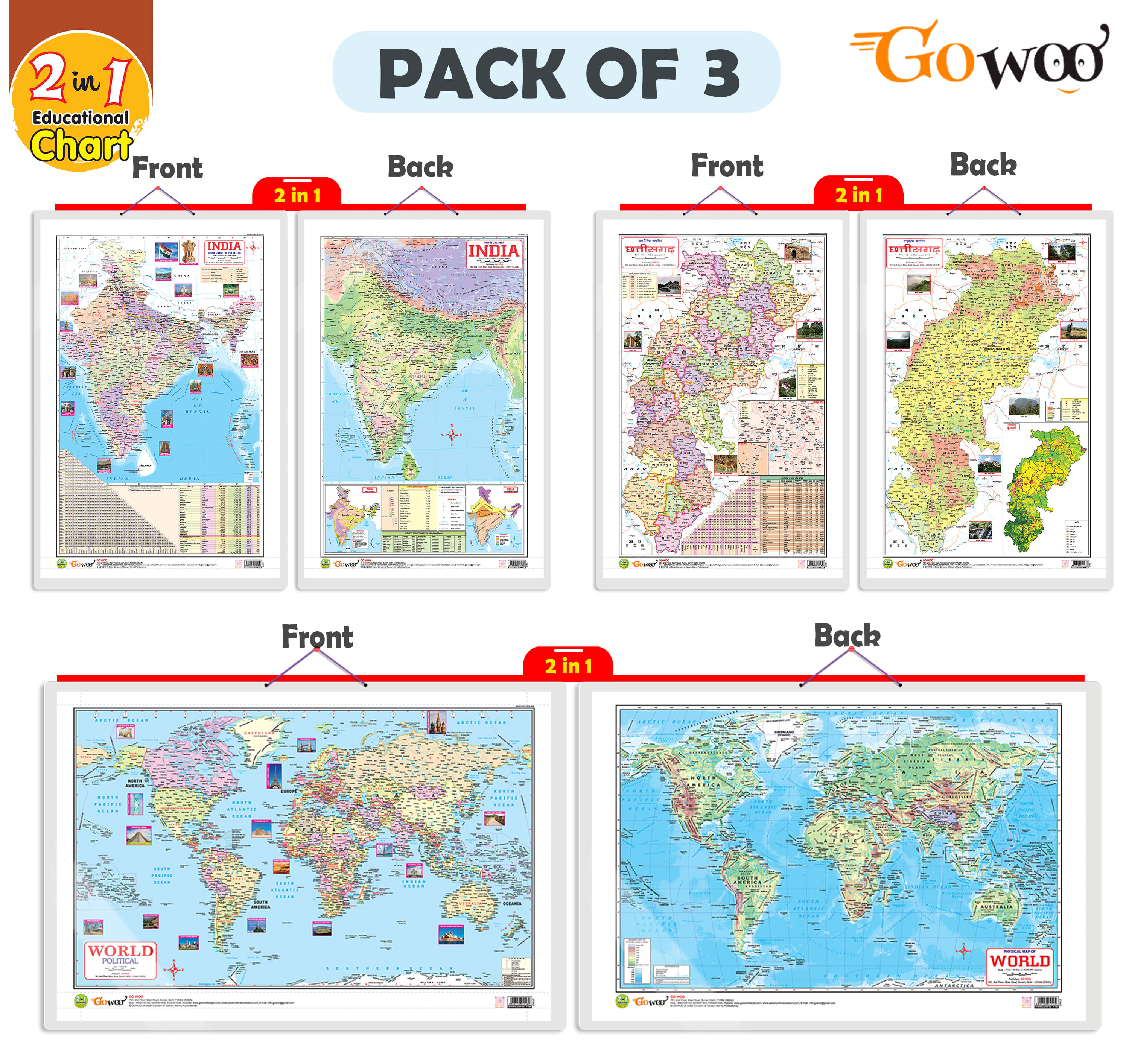 Set of 3 | 2 IN 1 CHATTISGARH POLITICAL AND PHYSICAL IN HINDI, 2 IN 1 INDIA POLITICAL AND PHYSICAL MAP IN ENGLISH and 2 IN 1 WORLD POLITICAL AND PHYSICAL MAP IN ENGLISH Educational Charts Set of 3 | 2 IN 1 CHATTISGARH POLITICAL AND PHYSICAL IN HINDI, 2 IN 1 INDIA POLITICAL AND PHYSICAL MAP IN ENGLISH and 2 IN 1 WORLD POLITICAL AND PHYSICAL MAP IN ENGLISH Educational Charts