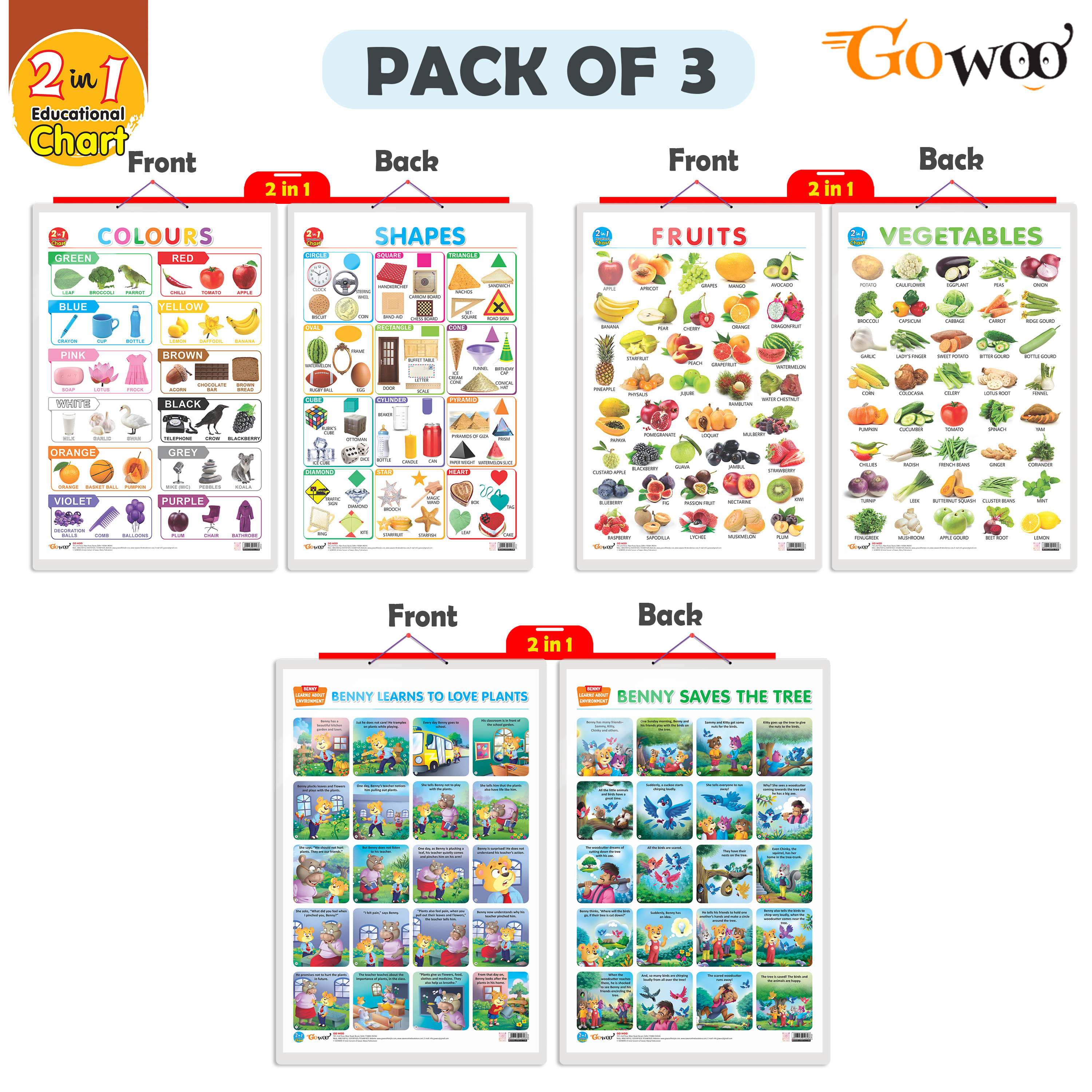     			Set of 3 |2 IN 1 COLOURS AND SHAPES, 2 IN 1 FRUITS AND VEGETABLES and 2 IN 1 BENNY LEARNS TO LOVE PLANTS AND BENNY SAVES THE TREE Early Learning Educational Charts for Kids