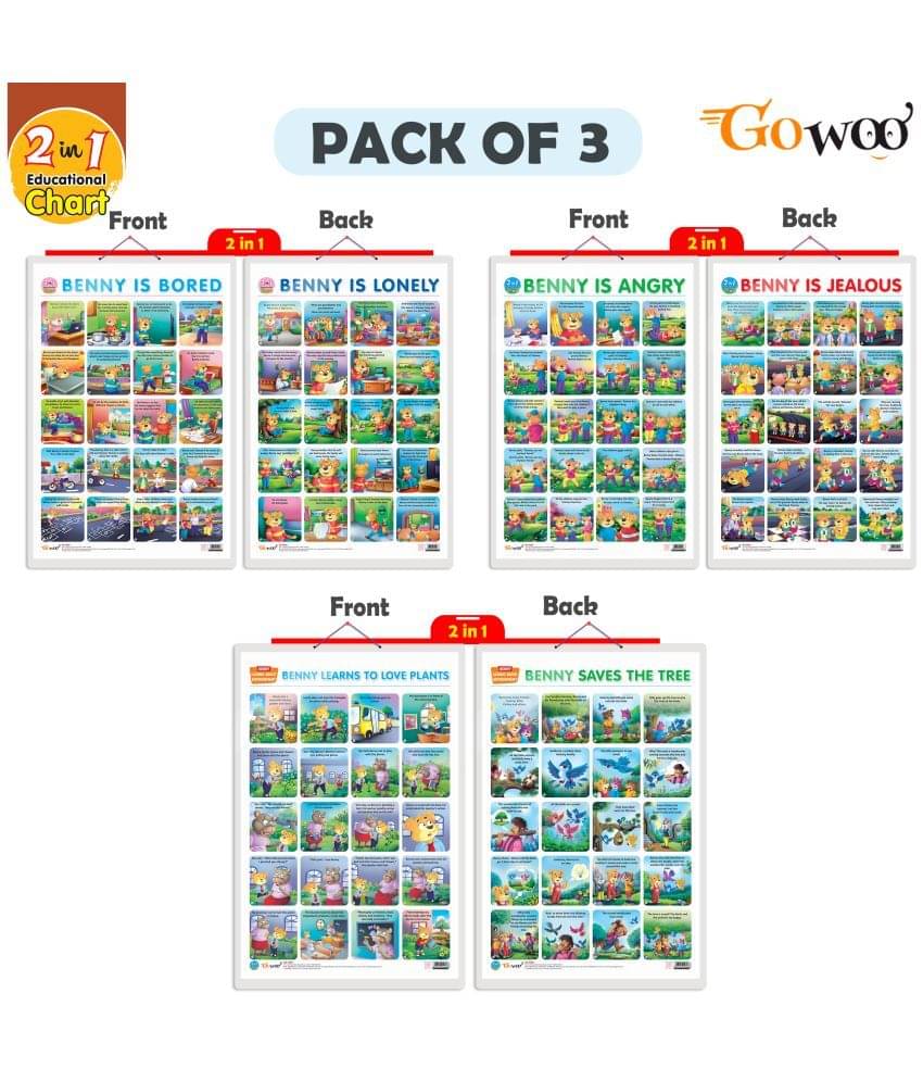     			Set of 3 | 2 IN 1 BENNY IS ANGRY AND BENNY IS JEALOUS, 2 IN 1 BENNY IS BORED AND BENNY IS LONELY and 2 IN 1 BENNY LEARNS TO LOVE PLANTS AND BENNY SAVES THE TREE Early Learning Educational Charts for Kids