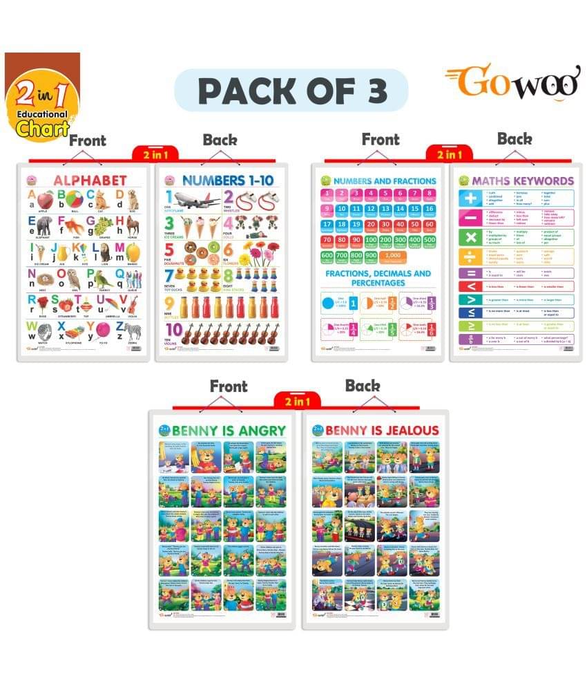 Set of 3 | 2 IN 1 ALPHABET AND NUMBER 1-10, 2 IN 1 NUMBER & FRACTIONS AND MATHS KEYWORDS and 2 IN 1 BENNY IS ANGRY AND BENNY IS JEALOUS Early Learning Educational Charts for Kids Set of 3 | 2 IN 1 ALPHABET AND NUMBER 1-10, 2 IN 1 NUMBER & FRACTIONS AND MATHS KEYWORDS and 2 IN 1 BENNY IS ANGRY AND BENNY IS JEALOUS Early Learning Educational Charts for Kids