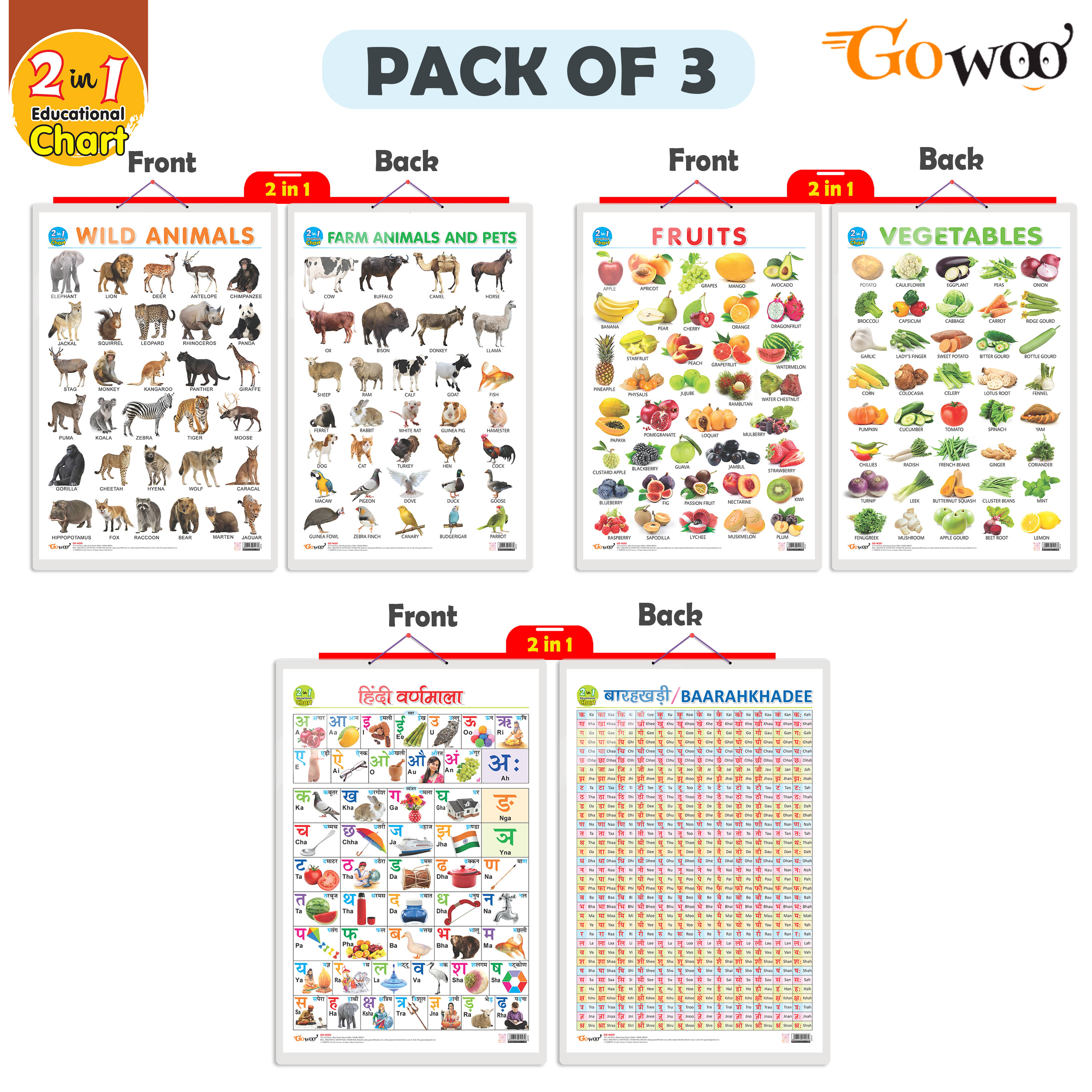 Set of 3 |2 IN 1 FRUITS AND VEGETABLES, 2 IN 1 WILD AND FARM ANIMALS & PETS and 2 IN 1 HINDI VARNMALA AND BAARAHKHADEE Early Learning Educational Charts for Kids Set of 3 |2 IN 1 FRUITS AND VEGETABLES, 2 IN 1 WILD AND FARM ANIMALS & PETS and 2 IN 1 HINDI VARNMALA AND BAARAHKHADEE Early Learning Educational Charts for Kids