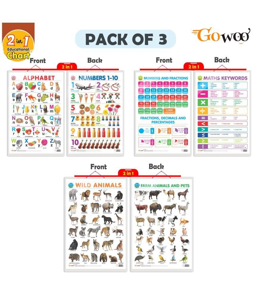 Set of 3 | 2 IN 1 ALPHABET AND NUMBER 1-10, 2 IN 1 NUMBER & FRACTIONS AND MATHS KEYWORDS and 2 IN 1 WILD AND FARM ANIMALS & PETS Early Learning Educational Charts for Kids Set of 3 | 2 IN 1 ALPHABET AND NUMBER 1-10, 2 IN 1 NUMBER & FRACTIONS AND MATHS KEYWORDS and 2 IN 1 WILD AND FARM ANIMALS & PETS Early Learning Educational Charts for Kids