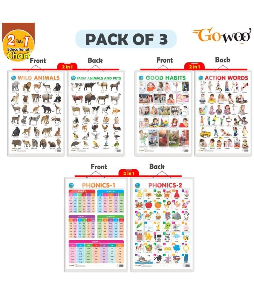 Set of 3 |2 IN 1 WILD AND FARM ANIMALS & PETS, 2 IN 1 GOOD HABITS AND ACTION WORDS and 2 IN 1 PHONICS 1 AND PHONICS 2 Early Learning Educational Charts for Kids Set of 3 |2 IN 1 WILD AND FARM ANIMALS & PETS, 2 IN 1 GOOD HABITS AND ACTION WORDS and 2 IN 1 PHONICS 1 AND PHONICS 2 Early Learning Educational Charts for Kids