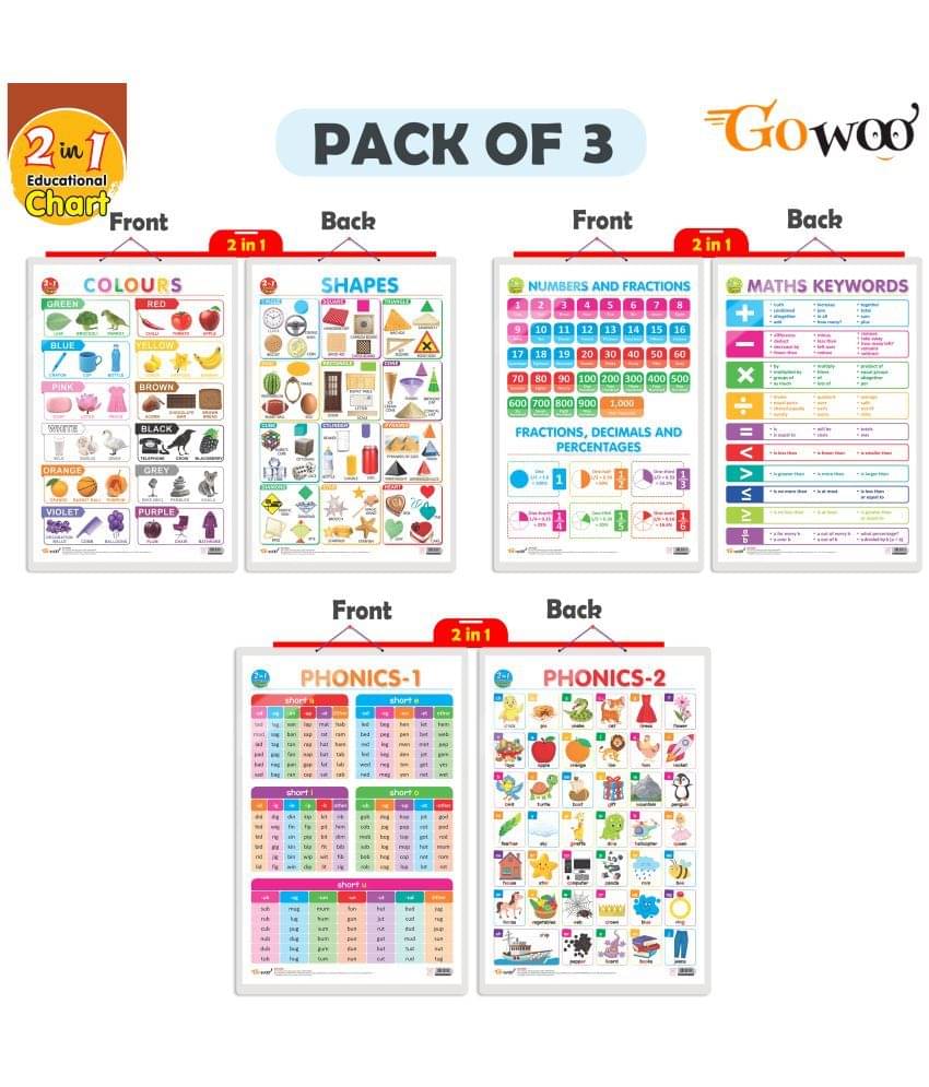 Set of 3 | 2 IN 1 NUMBER & FRACTIONS AND MATHS KEYWORDS, 2 IN 1 COLOURS AND SHAPES AND 2 IN 1 PHONICS 1 AND PHONICS 2 Early Learning Educational Charts for Kids Set of 3 | 2 IN 1 NUMBER & FRACTIONS AND MATHS KEYWORDS, 2 IN 1 COLOURS AND SHAPES AND 2 IN 1 PHONICS 1 AND PHONICS 2 Early Learning Educational Charts for Kids