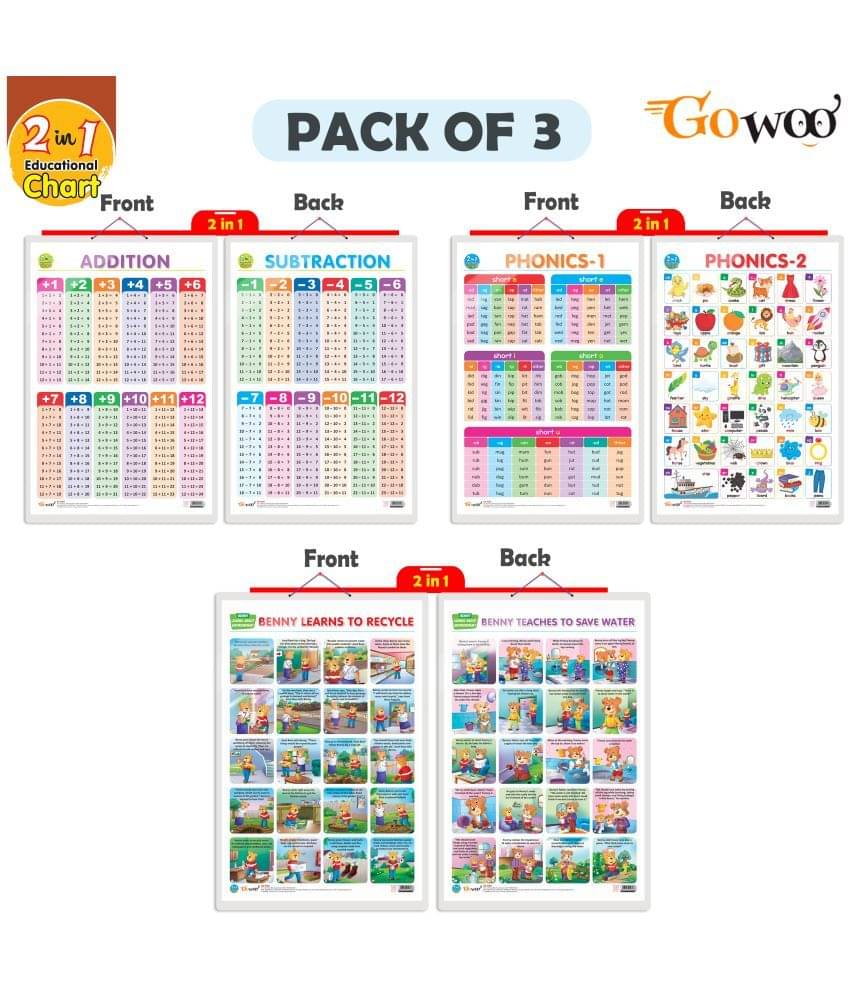 Set of 3 | 2 IN 1 ADDITION AND SUBTRACTION, 2 IN 1 PHONICS 1 AND PHONICS 2 and 2 IN 1 BENNY LEARNS TO RECYCLE AND BENNY TEACHES TO SAVE WATER Early Learning Educational Charts for Kid Set of 3 | 2 IN 1 ADDITION AND SUBTRACTION, 2 IN 1 PHONICS 1 AND PHONICS 2 and 2 IN 1 BENNY LEARNS TO RECYCLE AND BENNY TEACHES TO SAVE WATER Early Learning Educational Charts for Kid