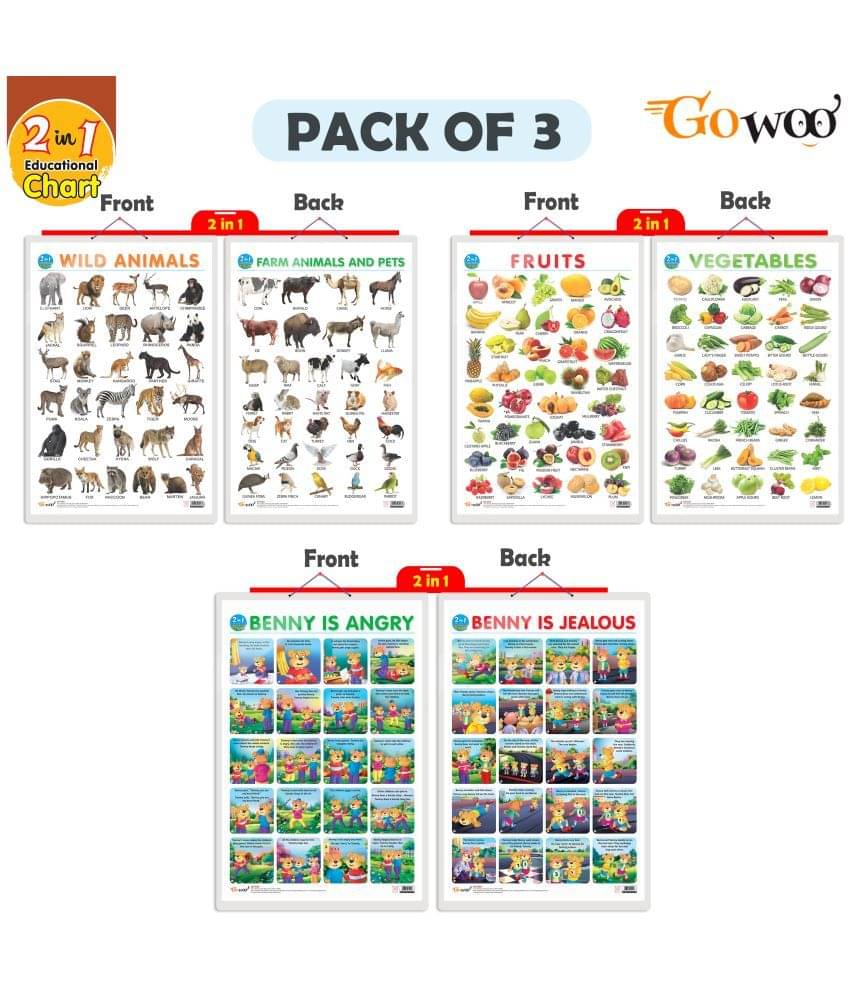 Set of 3 |2 IN 1 FRUITS AND VEGETABLES, 2 IN 1 WILD AND FARM ANIMALS & PETS and 2 IN 1 BENNY IS ANGRY AND BENNY IS JEALOUS Early Learning Educational Charts for Kids Set of 3 |2 IN 1 FRUITS AND VEGETABLES, 2 IN 1 WILD AND FARM ANIMALS & PETS and 2 IN 1 BENNY IS ANGRY AND BENNY IS JEALOUS Early Learning Educational Charts for Kids