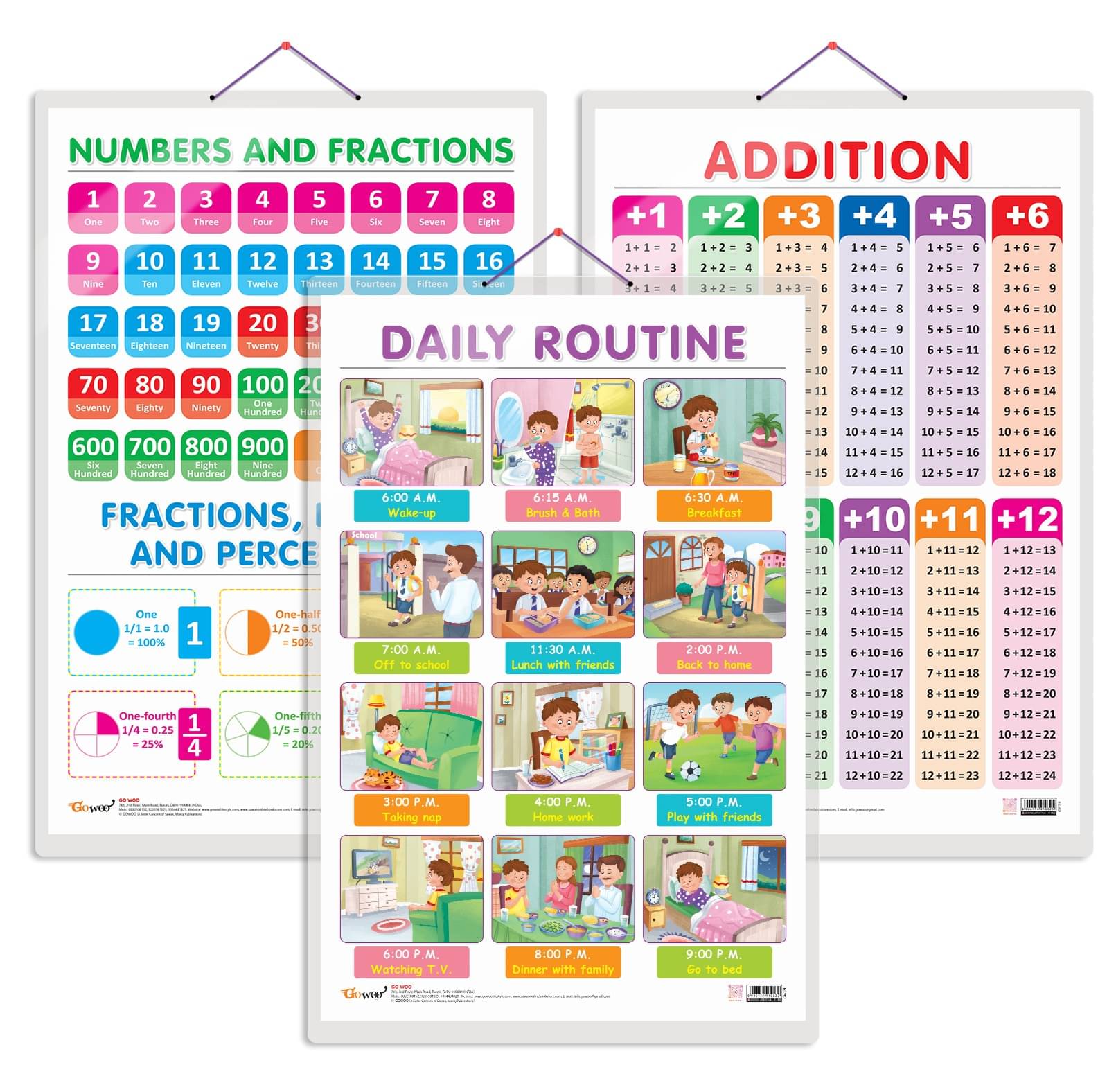     			Set of 3 ADDITION, NUMBERS AND FRACTIONS and DAILY ROUTINE Early Learning Educational Charts for Kids | 20"X30" inch |Non-Tearable and Waterproof | Double Sided Laminated | Perfect for Homeschooling, Kindergarten and Nursery Students