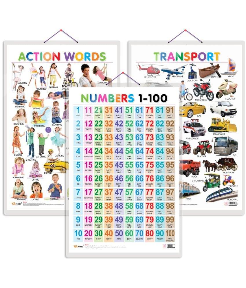 Set of 3 Action Words, Transport and Numbers 1-100 Early Learning Educational Charts for Kids | 20"X30" inch |Non-Tearable and Waterproof | Double Sided Laminated | Perfect for Homeschooling, Kindergarten and Nursery Students Set of 3 Action Words, Transport and Numbers 1-100 Early Learning Educational Charts for Kids | 20"X30" inch |Non-Tearable and Waterproof | Double Sided Laminated | Perfect for Homeschooling, Kindergarten and Nursery Students