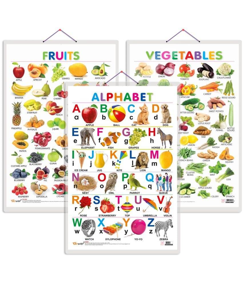 Set of 3 Alphabet, Fruits and Vegetables Early Learning Educational Charts for Kids | 20"X30" inch |Non-Tearable and Waterproof | Double Sided Laminated | Perfect for Homeschooling, Kindergarten and Nursery Students Set of 3 Alphabet, Fruits and Vegetables Early Learning Educational Charts for Kids | 20"X30" inch |Non-Tearable and Waterproof | Double Sided Laminated | Perfect for Homeschooling, Kindergarten and Nursery Students