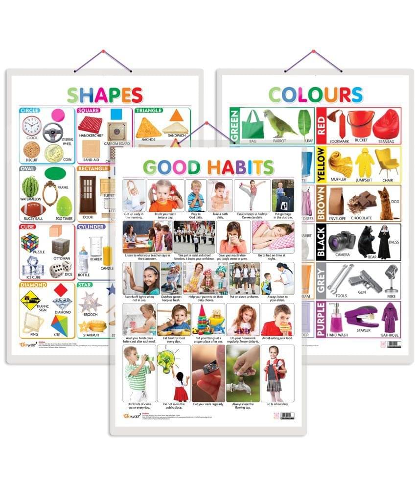Set of 3 Colours, Shapes and Good Habits Early Learning Educational Charts for Kids | 20"X30" inch |Non-Tearable and Waterproof | Double Sided Laminated | Perfect for Homeschooling, Kindergarten and Nursery Students Set of 3 Colours, Shapes and Good Habits Early Learning Educational Charts for Kids | 20"X30" inch |Non-Tearable and Waterproof | Double Sided Laminated | Perfect for Homeschooling, Kindergarten and Nursery Students