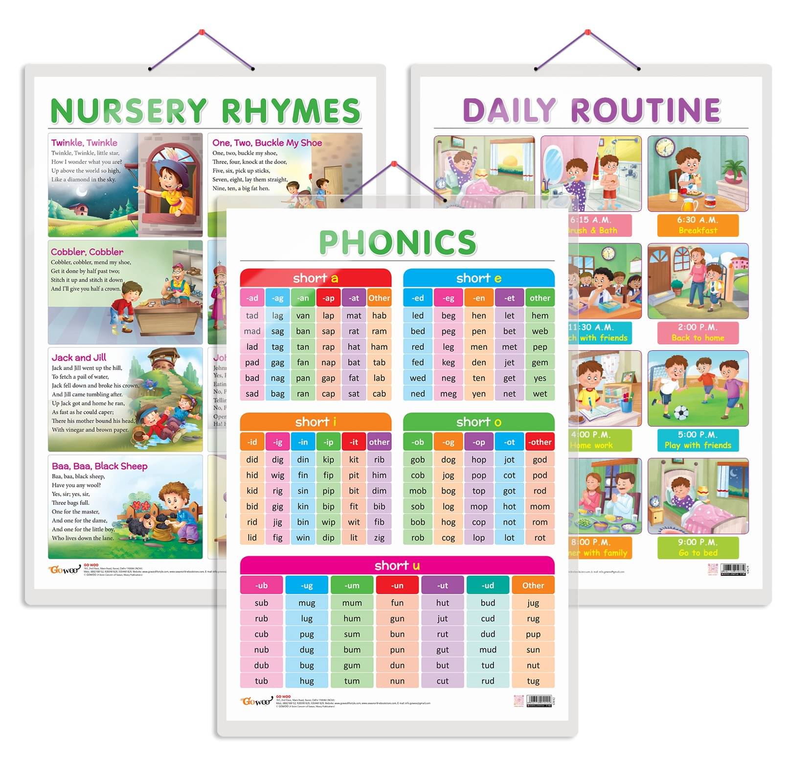 Set of 3 DAILY ROUTINE, NURSERY RHYMES and PHONICS - 1 Early Learning Educational Charts for Kids | 20"X30" inch |Non-Tearable and Waterproof | Double Sided Laminated | Perfect for Homeschooling, Kindergarten and Nursery Students Set of 3 DAILY ROUTINE, NURSERY RHYMES and PHONICS - 1 Early Learning Educational Charts for Kids | 20"X30" inch |Non-Tearable and Waterproof | Double Sided Laminated | Perfect for Homeschooling, Kindergarten and Nursery Students