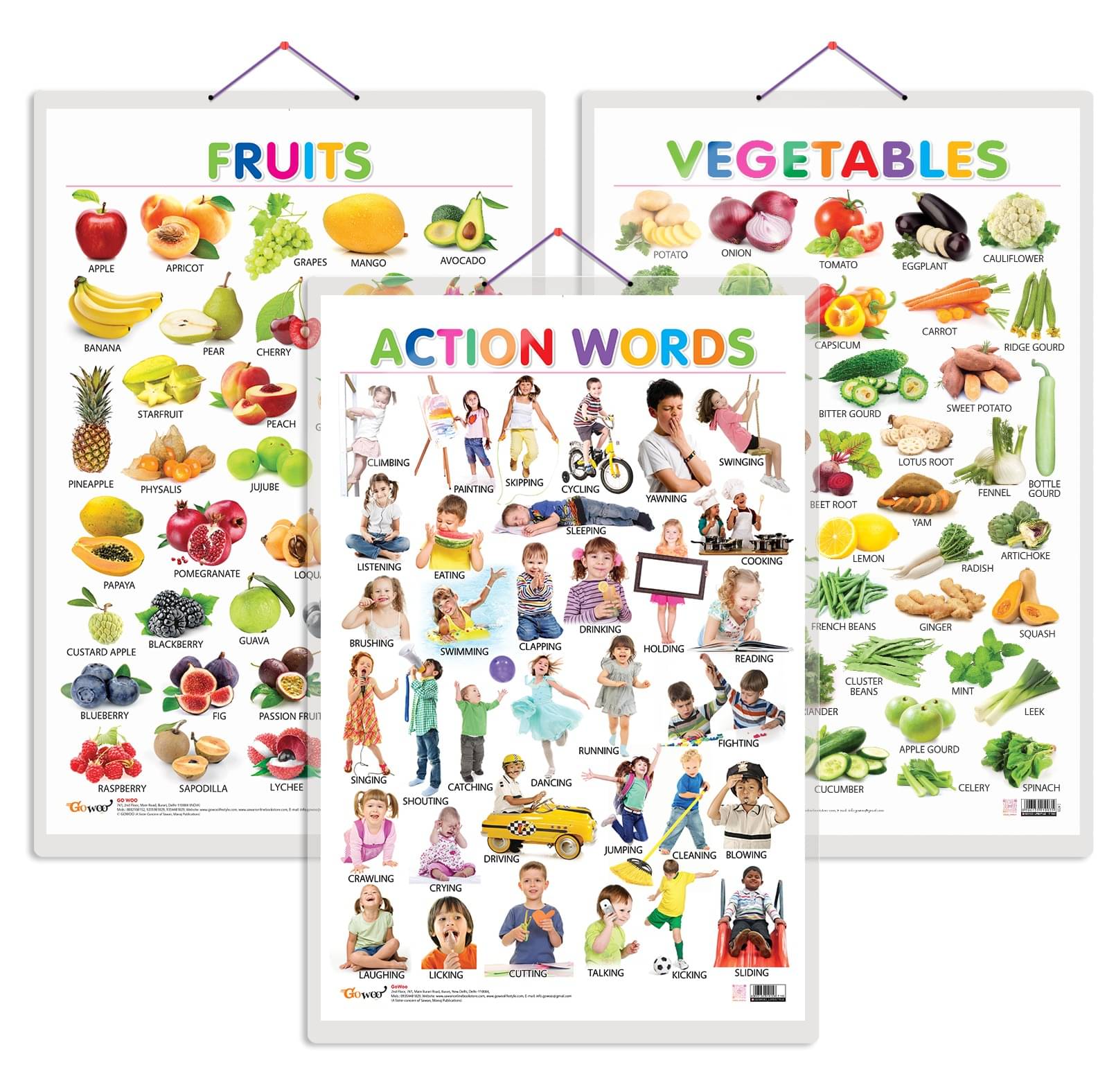     			Set of 3 Fruits, Vegetables and Action Words Early Learning Educational Charts for Kids | 20"X30" inch |Non-Tearable and Waterproof | Double Sided Laminated | Perfect for Homeschooling, Kindergarten and Nursery Students