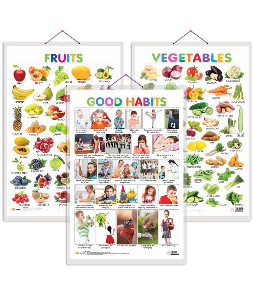 Set of 3 Fruits, Vegetables and Good Habits Early Learning Educational Charts for Kids | 20"X30" inch |Non-Tearable and Waterproof | Double Sided Laminated | Perfect for Homeschooling, Kindergarten and Nursery Students Set of 3 Fruits, Vegetables and Good Habits Early Learning Educational Charts for Kids | 20"X30" inch |Non-Tearable and Waterproof | Double Sided Laminated | Perfect for Homeschooling, Kindergarten and Nursery Students
