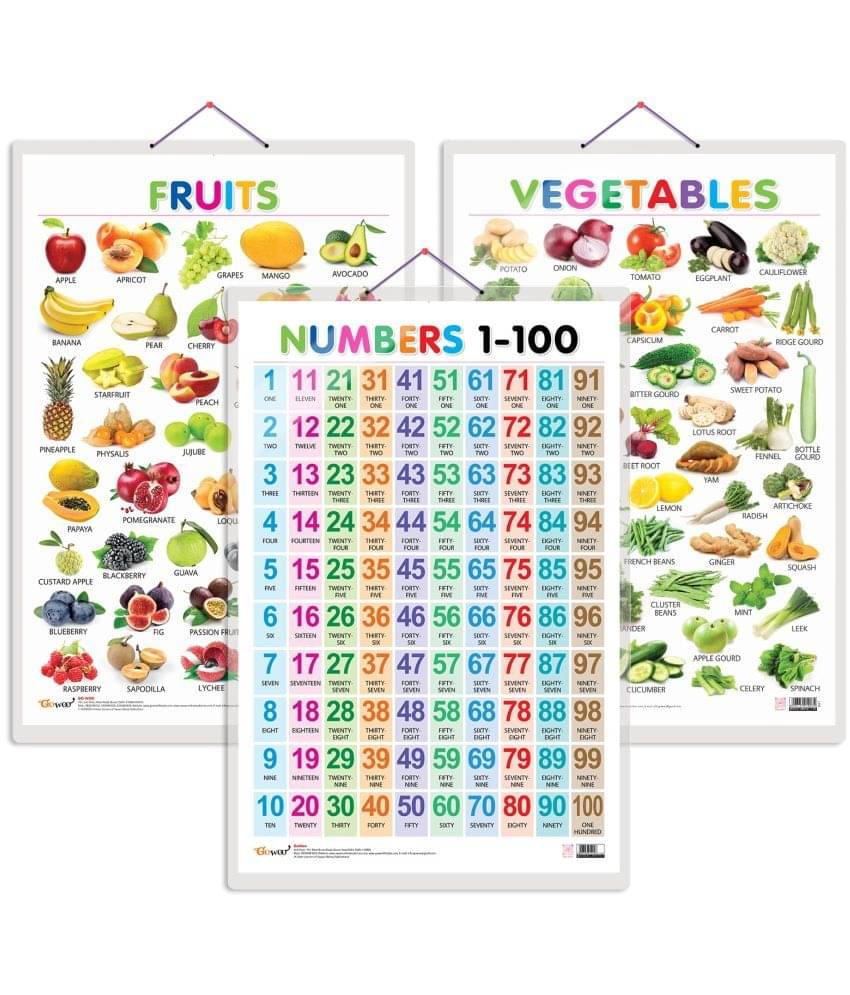 Set of 3 Fruits, Vegetables and Numbers 1-100 Early Learning Educational Charts for Kids | 20"X30" inch |Non-Tearable and Waterproof | Double Sided Laminated | Perfect for Homeschooling, Kindergarten and Nursery Students Set of 3 Fruits, Vegetables and Numbers 1-100 Early Learning Educational Charts for Kids | 20"X30" inch |Non-Tearable and Waterproof | Double Sided Laminated | Perfect for Homeschooling, Kindergarten and Nursery Students