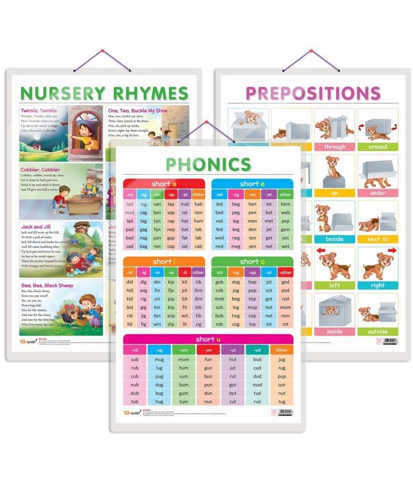     			Set of 3 NURSERY RHYMES, PREPOSITIONS and PHONICS - 1 Early Learning Educational Charts for Kids | 20"X30" inch |Non-Tearable and Waterproof | Double Sided Laminated | Perfect for Homeschooling, Kindergarten and Nursery Students