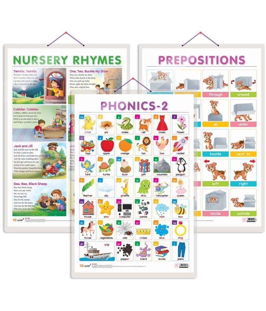     			Set of 3 NURSERY RHYMES, PREPOSITIONS and PHONICS - 2 Early Learning Educational Charts for Kids | 20"X30" inch |Non-Tearable and Waterproof | Double Sided Laminated | Perfect for Homeschooling, Kindergarten and Nursery Students