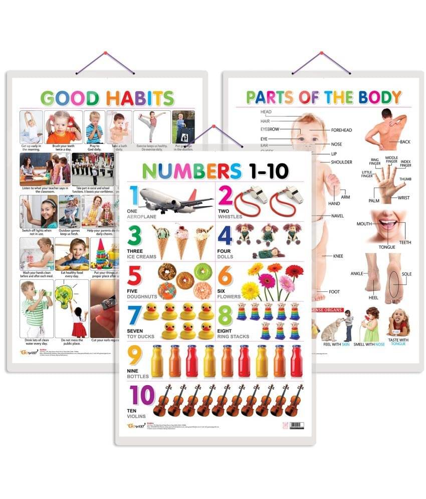 Set of 3 Parts of the Body, Good Habits and Numbers 1-10 Early Learning Educational Charts for Kids | 20"X30" inch |Non-Tearable and Waterproof | Double Sided Laminated | Perfect for Homeschooling, Kindergarten and Nursery Students Set of 3 Parts of the Body, Good Habits and Numbers 1-10 Early Learning Educational Charts for Kids | 20"X30" inch |Non-Tearable and Waterproof | Double Sided Laminated | Perfect for Homeschooling, Kindergarten and Nursery Students