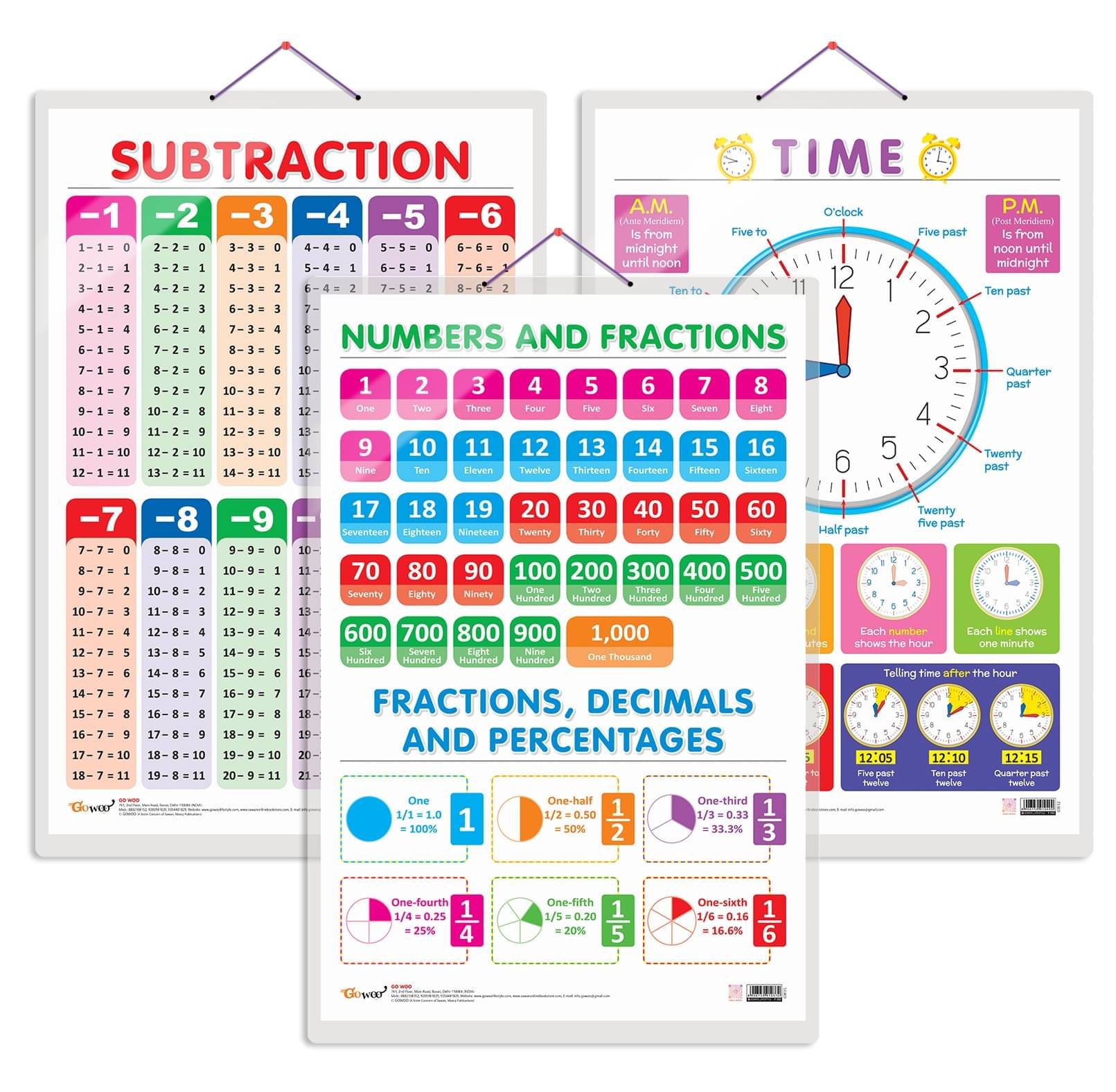     			Set of 3 TIME, SUBTRACTION and NUMBERS AND FRACTIONS Early Learning Educational Charts for Kids | 20"X30" inch |Non-Tearable and Waterproof | Double Sided Laminated | Perfect for Homeschooling, Kindergarten and Nursery Students