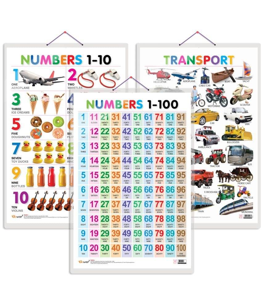 Set of 3 Transport, Numbers 1-10 and Numbers 1-100 Early Learning Educational Charts for Kids | 20"X30" inch |Non-Tearable and Waterproof | Double Sided Laminated | Perfect for Homeschooling, Kindergarten and Nursery Students     			Set of 3 Transport, Numbers 1-10 and Numbers 1-100 Early Learning Educational Charts for Kids | 20"X30" inch |Non-Tearable and Waterproof | Double Sided Laminated | Perfect for Homeschooling, Kindergarten and Nursery Students