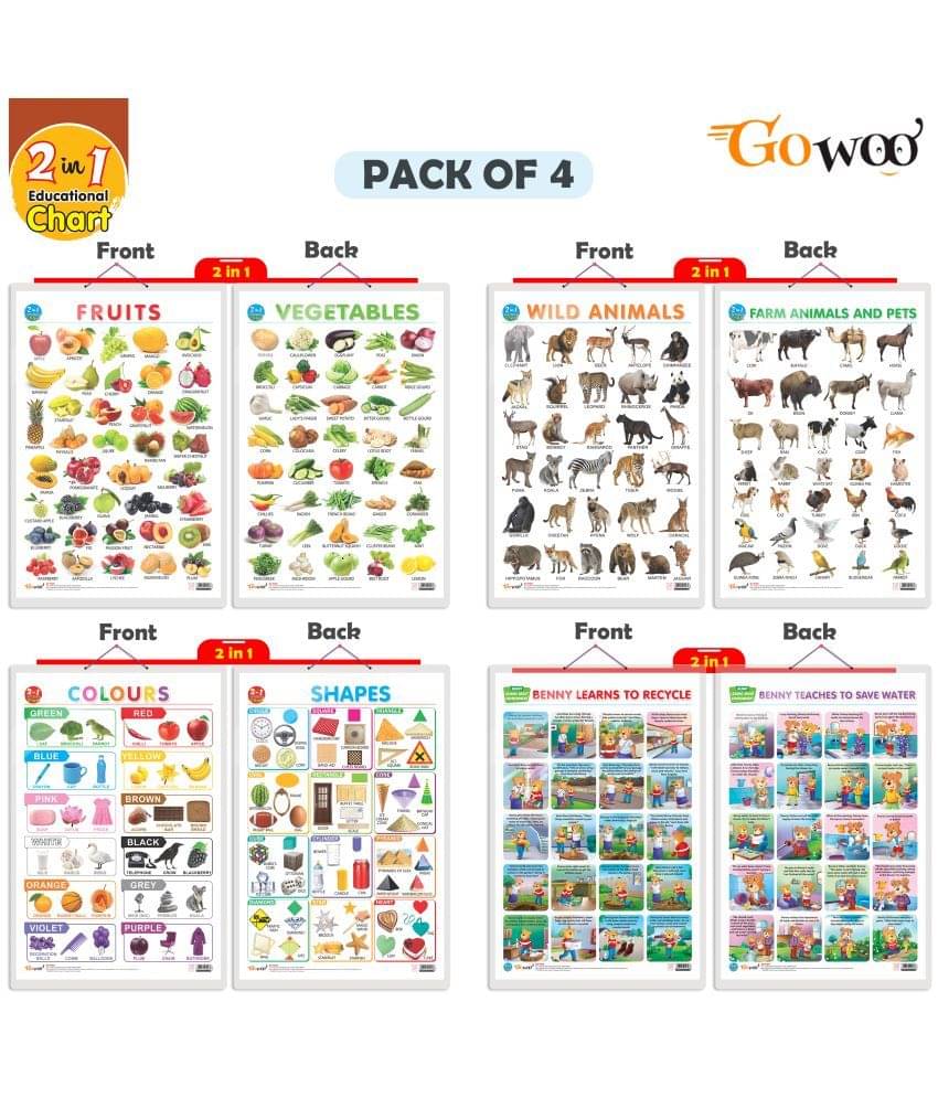 Set of 4 | 2 IN 1 COLOURS AND SHAPES, 2 IN 1 FRUITS AND VEGETABLES, 2 IN 1 WILD AND FARM ANIMALS & PETS and 2 IN 1 BENNY LEARNS TO RECYCLE AND BENNY TEACHES TO SAVE WATER Early Learning Educational Charts for Kids Set of 4 | 2 IN 1 COLOURS AND SHAPES, 2 IN 1 FRUITS AND VEGETABLES, 2 IN 1 WILD AND FARM ANIMALS & PETS and 2 IN 1 BENNY LEARNS TO RECYCLE AND BENNY TEACHES TO SAVE WATER Early Learning Educational Charts for Kids
