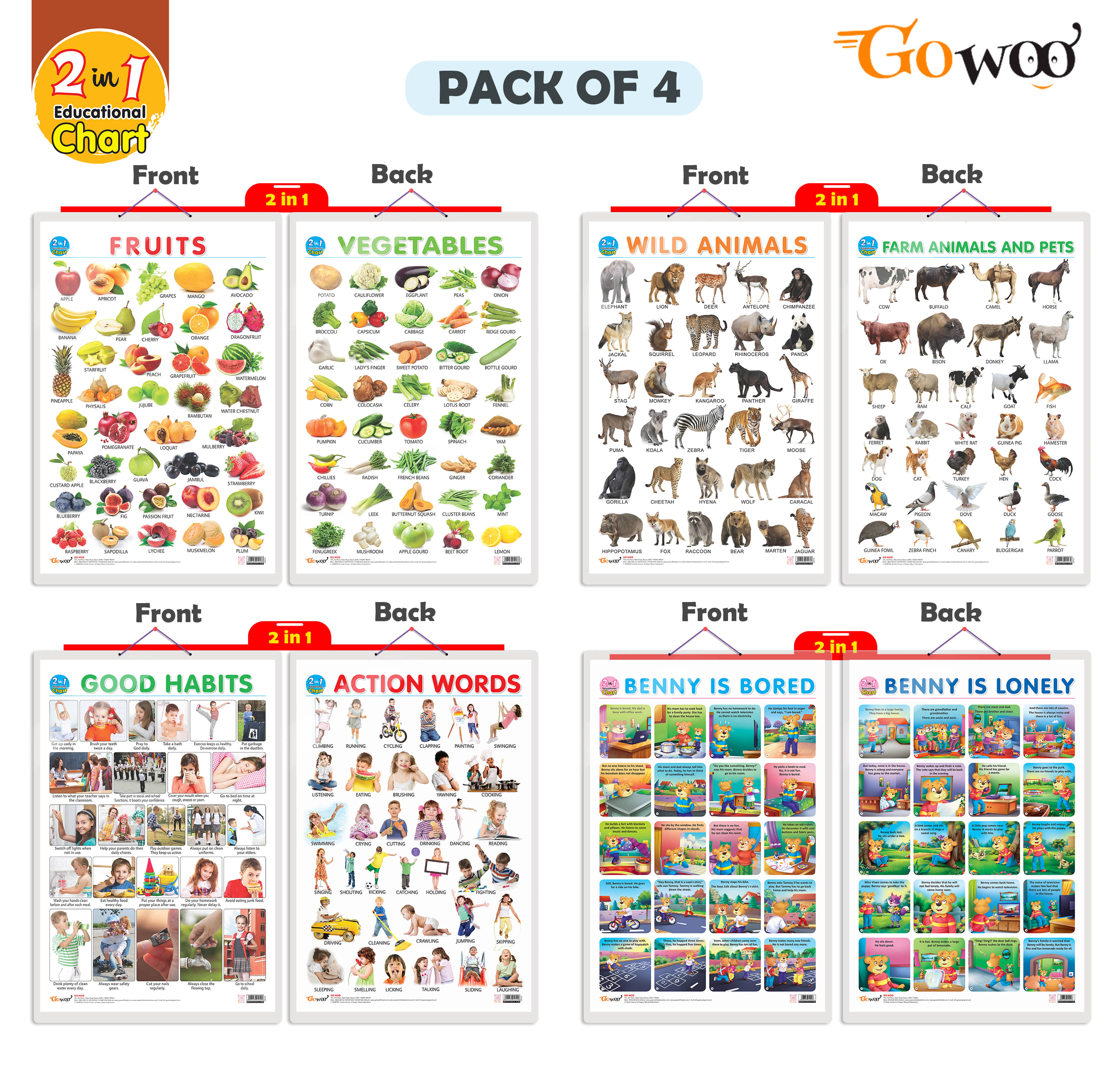     			Set of 4 |  2 IN 1 FRUITS AND VEGETABLES, 2 IN 1 WILD AND FARM ANIMALS & PETS, 2 IN 1 GOOD HABITS AND ACTION WORDS and 2 IN 1 BENNY IS BORED AND BENNY IS LONELY Early Learning Educational Charts for Kids