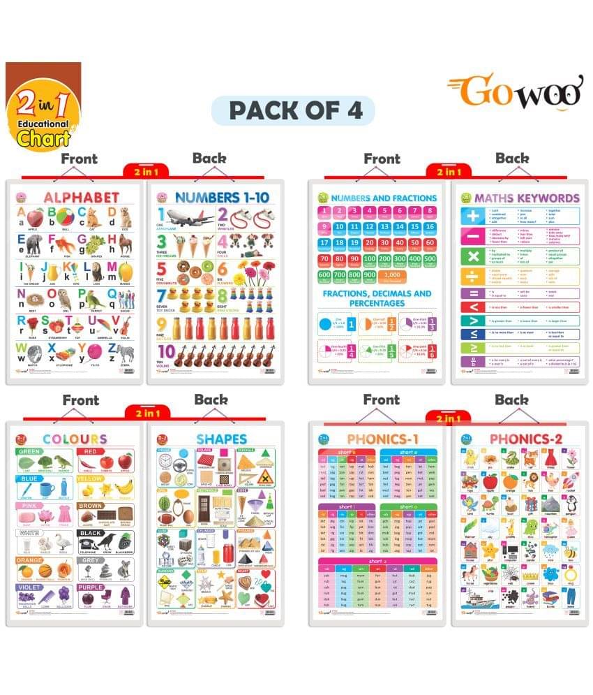 Set of 4 | 2 IN 1 ALPHABET AND NUMBER 1-10, 2 IN 1 NUMBER & FRACTIONS AND MATHS KEYWORDS, 2 IN 1 COLOURS AND SHAPES and 2 IN 1 PHONICS 1 AND PHONICS 2 Early Learning Educational Charts for Kids Set of 4 | 2 IN 1 ALPHABET AND NUMBER 1-10, 2 IN 1 NUMBER & FRACTIONS AND MATHS KEYWORDS, 2 IN 1 COLOURS AND SHAPES and 2 IN 1 PHONICS 1 AND PHONICS 2 Early Learning Educational Charts for Kids
