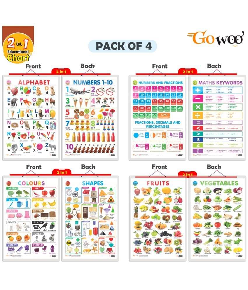 Set of 4 | 2 IN 1 ALPHABET AND NUMBER 1-10, 2 IN 1 NUMBER & FRACTIONS AND MATHS KEYWORDS, 2 IN 1 COLOURS AND SHAPES and 2 IN 1 FRUITS AND VEGETABLES Set of 4 | 2 IN 1 ALPHABET AND NUMBER 1-10, 2 IN 1 NUMBER & FRACTIONS AND MATHS KEYWORDS, 2 IN 1 COLOURS AND SHAPES and 2 IN 1 FRUITS AND VEGETABLES