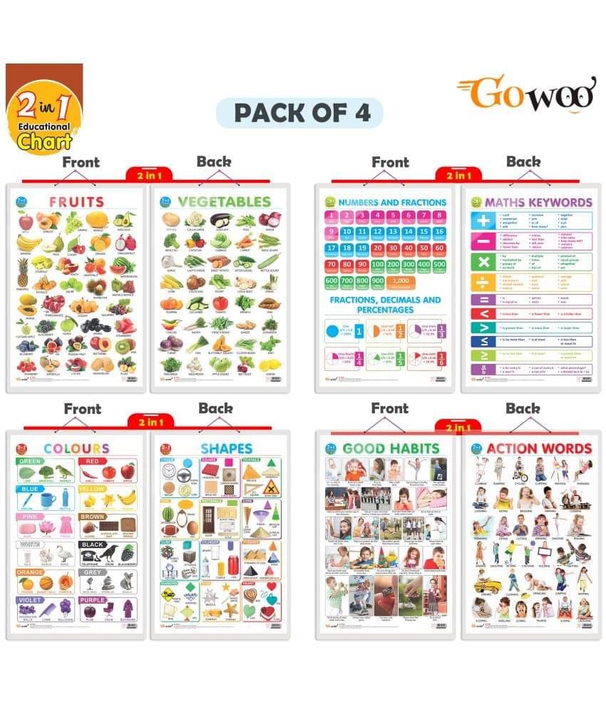 Set of 4 | 2 IN 1 NUMBER & FRACTIONS AND MATHS KEYWORDS, 2 IN 1 COLOURS AND SHAPES, 2 IN 1 FRUITS AND VEGETABLES and 2 IN 1 GOOD HABITS AND ACTION WORDS Early Learning Educational Charts for Kids Set of 4 | 2 IN 1 NUMBER & FRACTIONS AND MATHS KEYWORDS, 2 IN 1 COLOURS AND SHAPES, 2 IN 1 FRUITS AND VEGETABLES and 2 IN 1 GOOD HABITS AND ACTION WORDS Early Learning Educational Charts for Kids