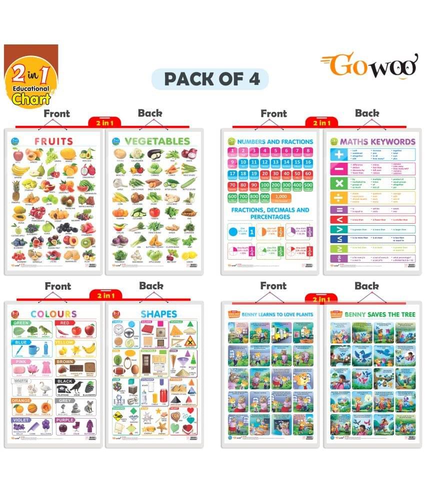     			Set of 4 |  2 IN 1 NUMBER & FRACTIONS AND MATHS KEYWORDS, 2 IN 1 COLOURS AND SHAPES, 2 IN 1 FRUITS AND VEGETABLES and 2 IN 1 BENNY LEARNS TO LOVE PLANTS AND BENNY SAVES THE TREE Early Learning Educational Charts for Kids