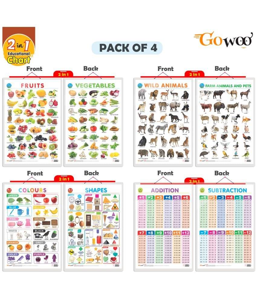 Set of 4 | 2 IN 1 COLOURS AND SHAPES, 2 IN 1 FRUITS AND VEGETABLES, 2 IN 1 WILD AND FARM ANIMALS & PETS and 2 IN 1 ADDITION AND SUBTRACTION Early Learning Educational Charts for Kids Set of 4 | 2 IN 1 COLOURS AND SHAPES, 2 IN 1 FRUITS AND VEGETABLES, 2 IN 1 WILD AND FARM ANIMALS & PETS and 2 IN 1 ADDITION AND SUBTRACTION Early Learning Educational Charts for Kids