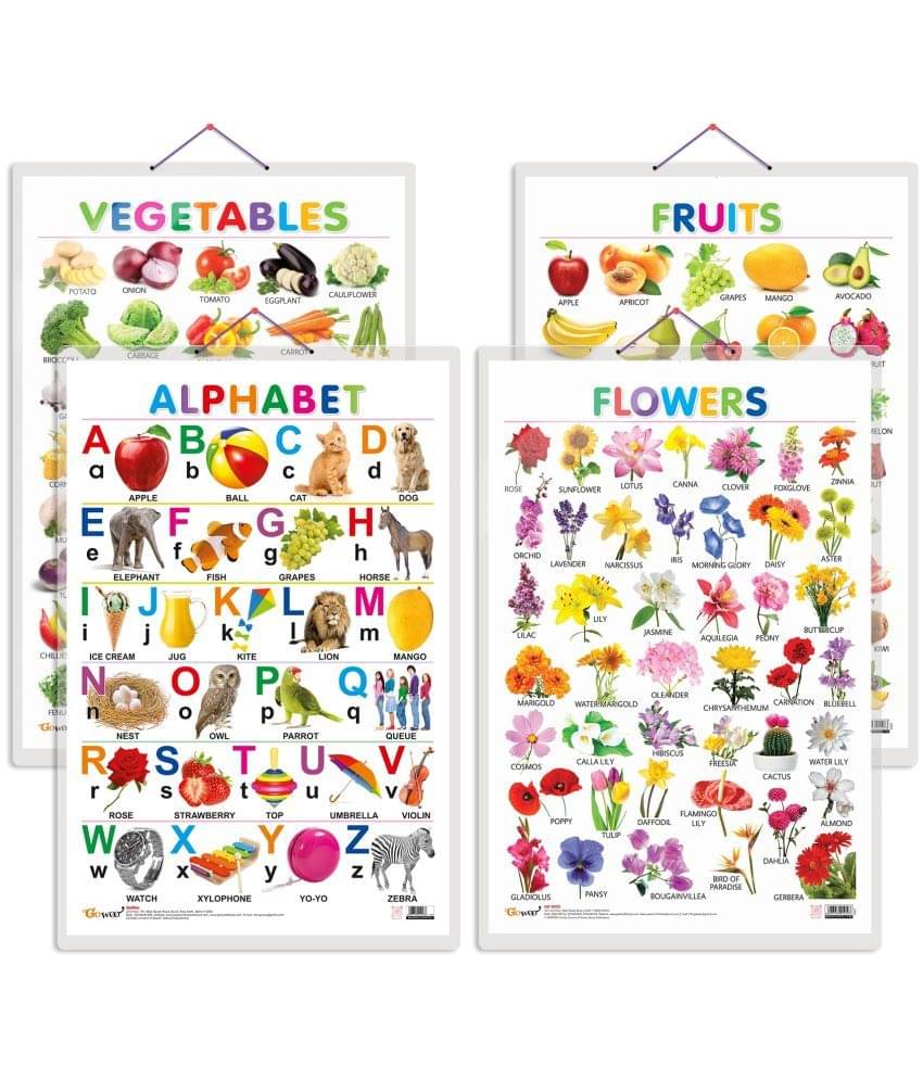 Set of 4 Alphabet, Fruits, Vegetables and Flowers Early Learning Educational Charts for Kids | 20"X30" inch |Non-Tearable and Waterproof | Double Sided Laminated | Perfect for Homeschooling, Kindergarten and Nursery Students Set of 4 Alphabet, Fruits, Vegetables and Flowers Early Learning Educational Charts for Kids | 20"X30" inch |Non-Tearable and Waterproof | Double Sided Laminated | Perfect for Homeschooling, Kindergarten and Nursery Students