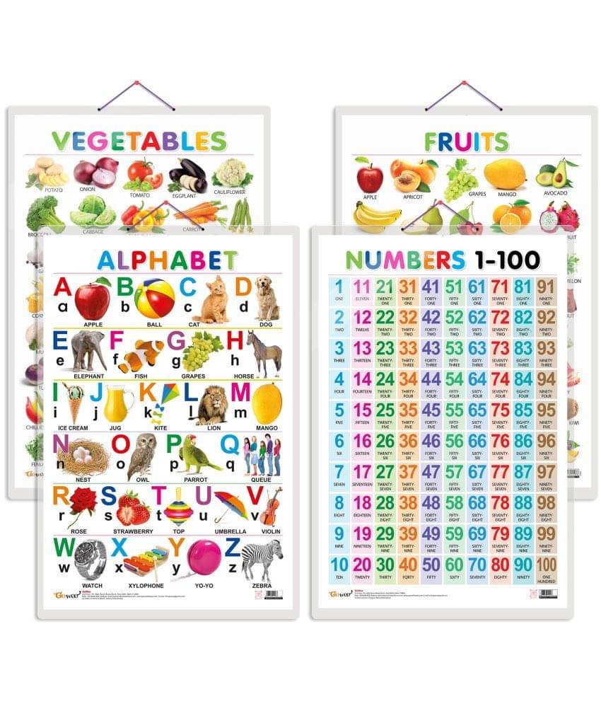 Set of 4 Alphabet, Fruits, Vegetables and Numbers 1-100 Early Learning Educational Charts for Kids | 20"X30" inch |Non-Tearable and Waterproof | Double Sided Laminated | Perfect for Homeschooling, Kindergarten and Nursery Students Set of 4 Alphabet, Fruits, Vegetables and Numbers 1-100 Early Learning Educational Charts for Kids | 20"X30" inch |Non-Tearable and Waterproof | Double Sided Laminated | Perfect for Homeschooling, Kindergarten and Nursery Students