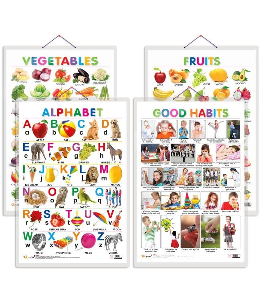 Set of 4 Alphabet, Fruits, Vegetables and Good Habits Early Learning Educational Charts for Kids | 20"X30" inch |Non-Tearable and Waterproof | Double Sided Laminated | Perfect for Homeschooling, Kindergarten and Nursery Students Set of 4 Alphabet, Fruits, Vegetables and Good Habits Early Learning Educational Charts for Kids | 20"X30" inch |Non-Tearable and Waterproof | Double Sided Laminated | Perfect for Homeschooling, Kindergarten and Nursery Students