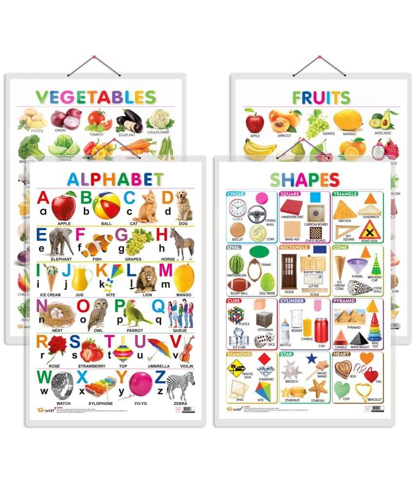Set of 4 Alphabet, Fruits, Vegetables and Shapes Early Learning Educational Charts for Kids | 20"X30" inch |Non-Tearable and Waterproof | Double Sided Laminated | Perfect for Homeschooling, Kindergarten and Nursery Students Set of 4 Alphabet, Fruits, Vegetables and Shapes Early Learning Educational Charts for Kids | 20"X30" inch |Non-Tearable and Waterproof | Double Sided Laminated | Perfect for Homeschooling, Kindergarten and Nursery Students