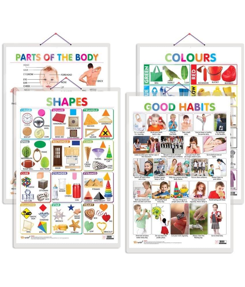 Set of 4 Colours, Shapes, Parts of the Body and Good Habits Early Learning Educational Charts for Kids | 20"X30" inch |Non-Tearable and Waterproof | Double Sided Laminated | Perfect for Homeschooling, Kindergarten and Nursery Students Set of 4 Colours, Shapes, Parts of the Body and Good Habits Early Learning Educational Charts for Kids | 20"X30" inch |Non-Tearable and Waterproof | Double Sided Laminated | Perfect for Homeschooling, Kindergarten and Nursery Students