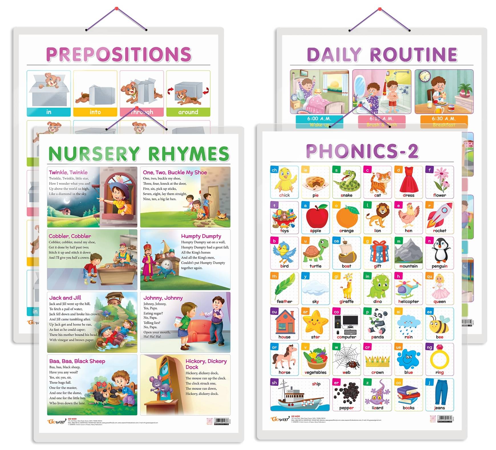 Set of 4 DAILY ROUTINE, NURSERY RHYMES, PREPOSITIONS and PHONICS - 2 Early Learning Educational Charts for Kids | 20"X30" inch |Non-Tearable and Waterproof | Double Sided Laminated | Perfect for Homeschooling, Kindergarten and Nursery Students Set of 4 DAILY ROUTINE, NURSERY RHYMES, PREPOSITIONS and PHONICS - 2 Early Learning Educational Charts for Kids | 20"X30" inch |Non-Tearable and Waterproof | Double Sided Laminated | Perfect for Homeschooling, Kindergarten and Nursery Students
