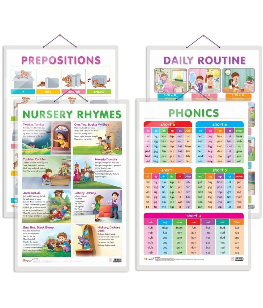 Set of 4 DAILY ROUTINE, NURSERY RHYMES, PREPOSITIONS and PHONICS - 1 Early Learning Educational Charts for Kids | 20"X30" inch |Non-Tearable and Waterproof | Double Sided Laminated | Perfect for Homeschooling, Kindergarten and Nursery Students Set of 4 DAILY ROUTINE, NURSERY RHYMES, PREPOSITIONS and PHONICS - 1 Early Learning Educational Charts for Kids | 20"X30" inch |Non-Tearable and Waterproof | Double Sided Laminated | Perfect for Homeschooling, Kindergarten and Nursery Students
